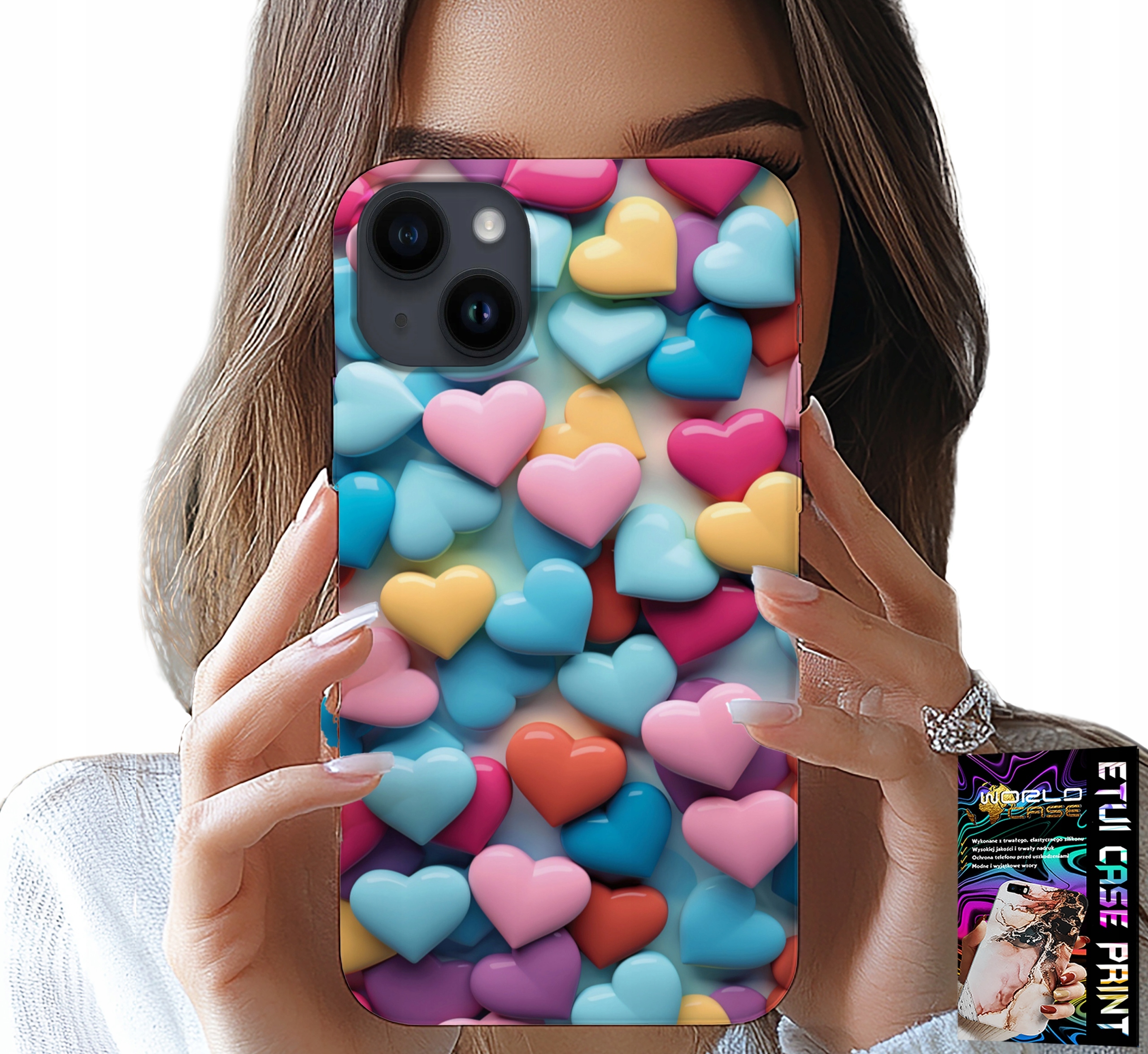 ETUI DO IPHONE 14 PLUS - KOLOROWE SERCA MOŻLIWOŚĆ PERSONALIZACJI