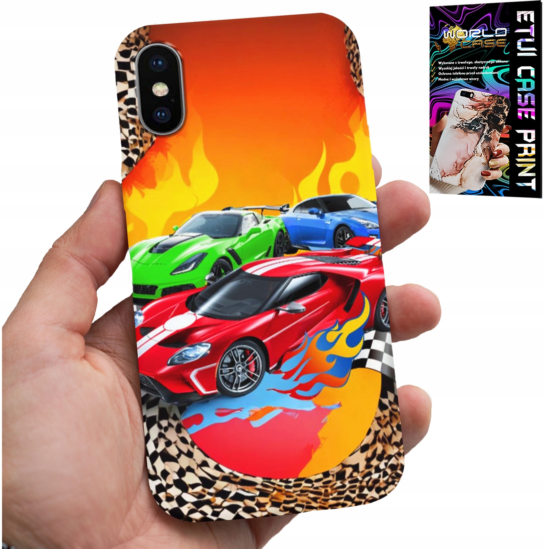 ETUI DO IPHONE X / XS - DLA DZIECI, SAMOCHODY WYŚCIGOWE + SZKŁO