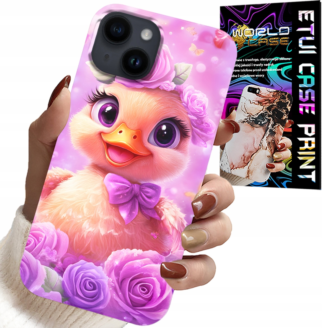 ETUI DO IPHONE 15 - SŁODKA KACZUCHA, KACZKA NA RÓŻOWYM TLE