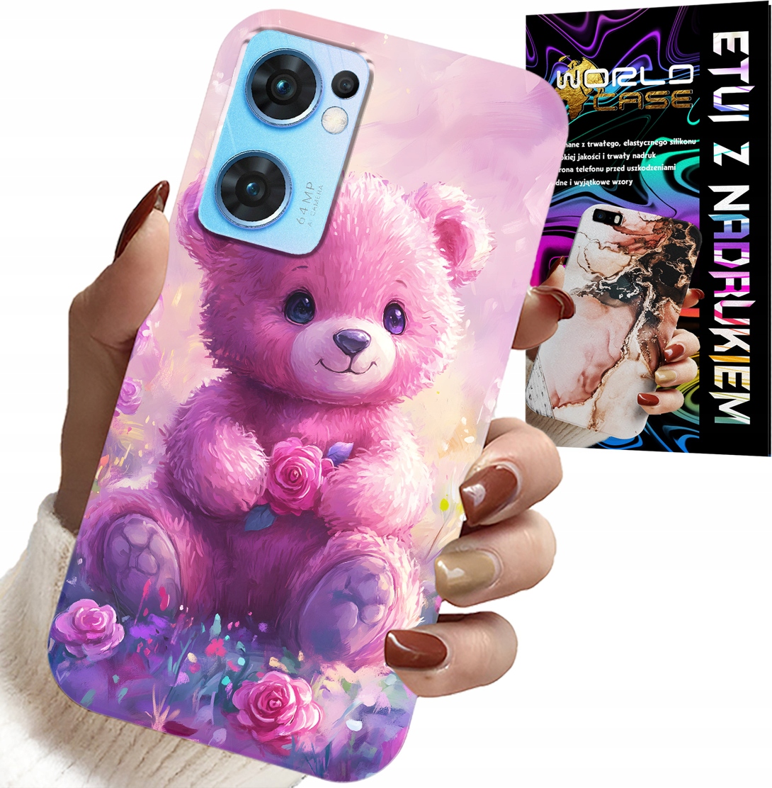 ETUI DO OPPO RENO7 5G - SŁODKI MIŚ NA RÓŻOWYM TLE, CASE + SZKŁO