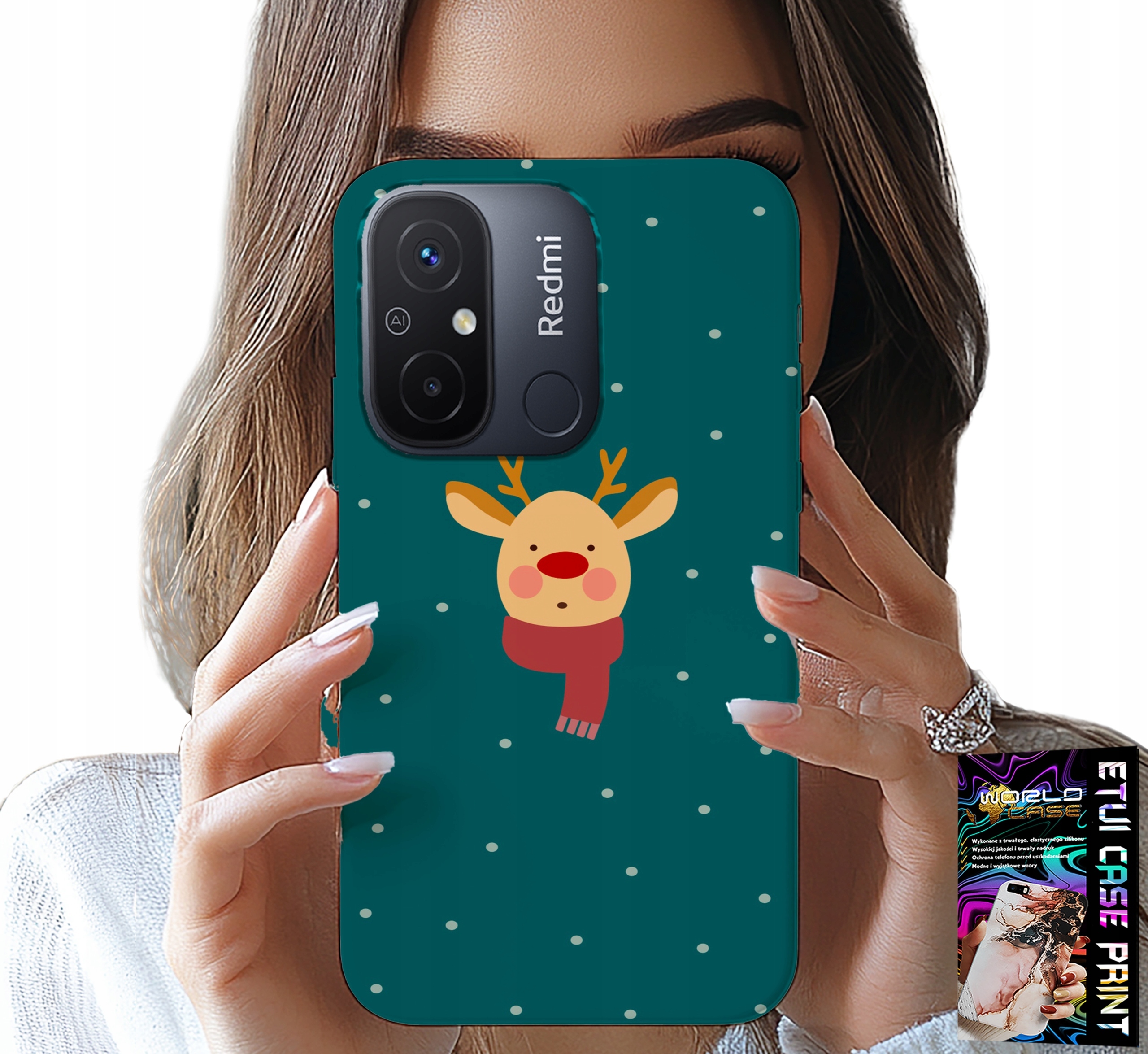 ETUI DO XIAOMI REDMI 12C - RENIFER NA ZIELONYM TLE ŚWIĄTECZNE WZORY