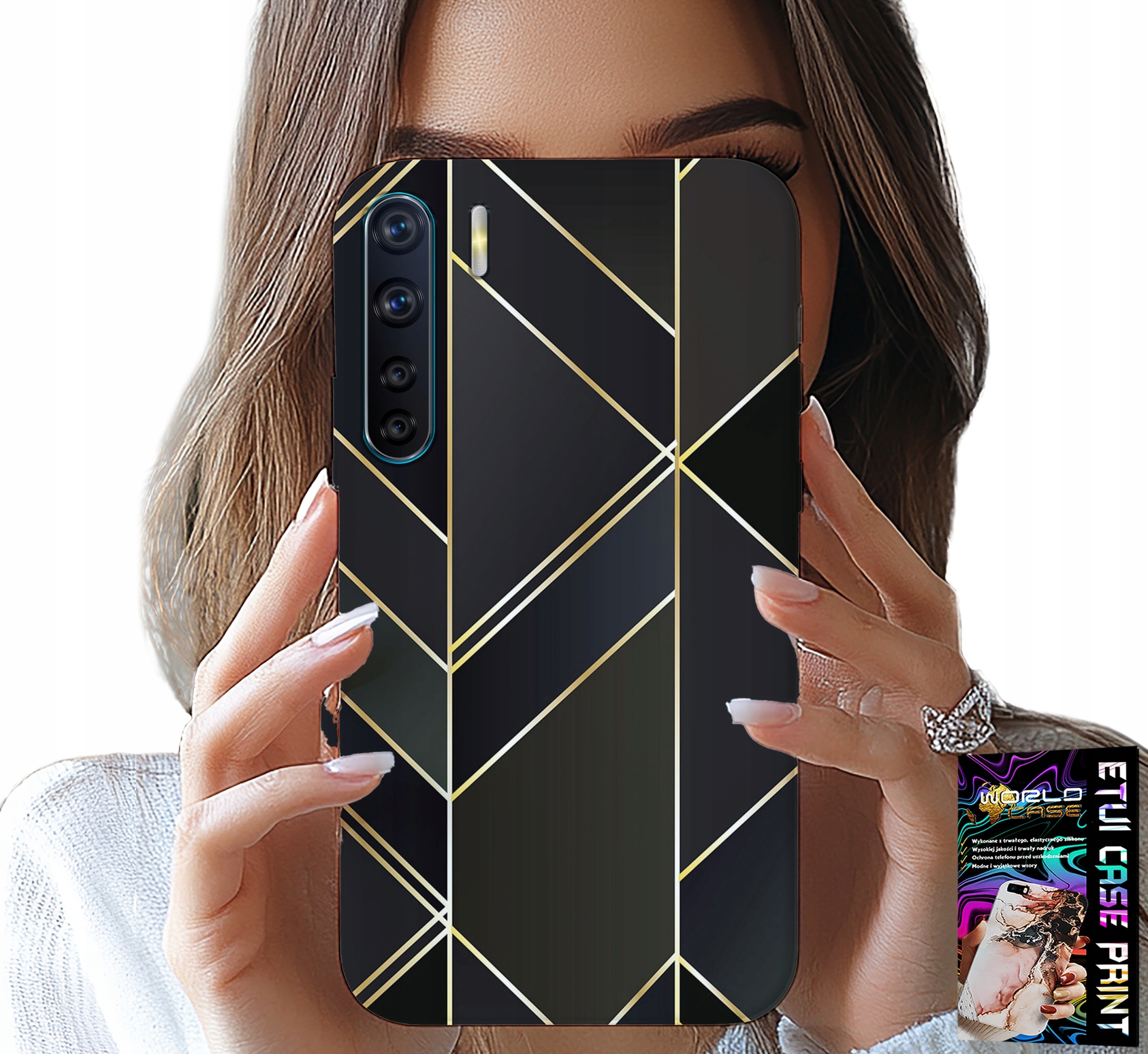 ETUI DO OPPO A91 - ZŁOTE RAMKI, ELEGANCKIE WZORY + SZKŁO