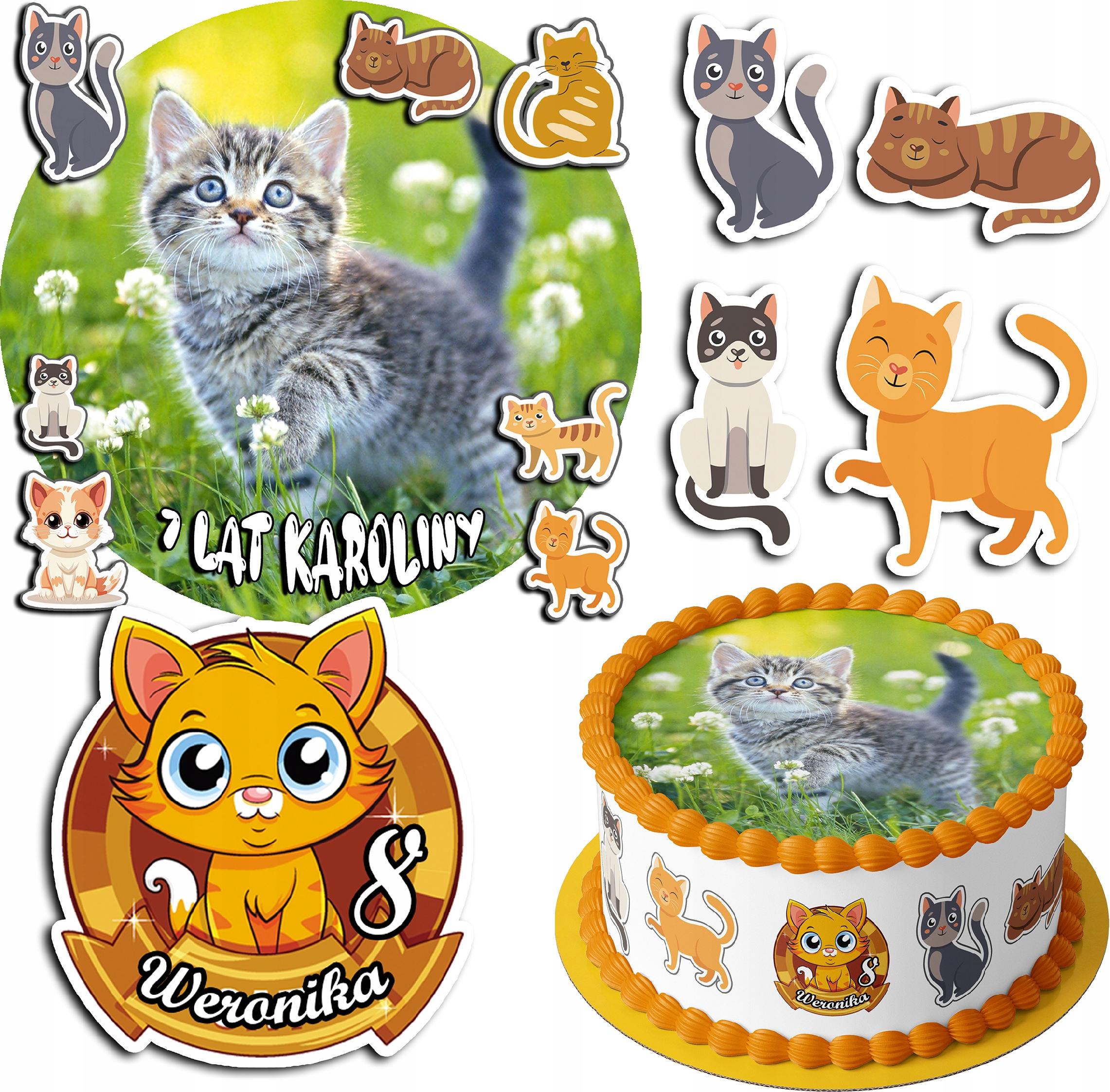 ZESTAW OPŁATEK NA TORT 20CM + 17 POSTACI - KOTEK KOT KOTKI + IMIĘ 15CM 18CM