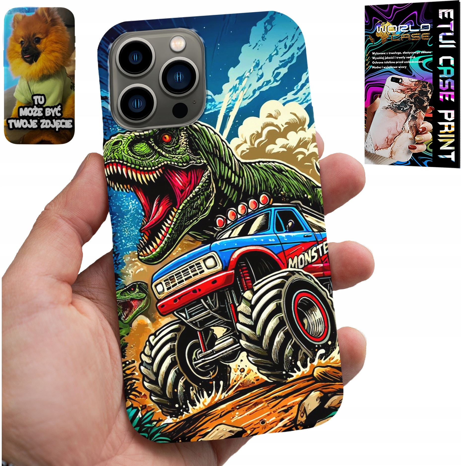 ETUI DO IPHONE 13 PRO -DINOZAUR W MONSTERTRUCKU WZORY DLA DZIECI