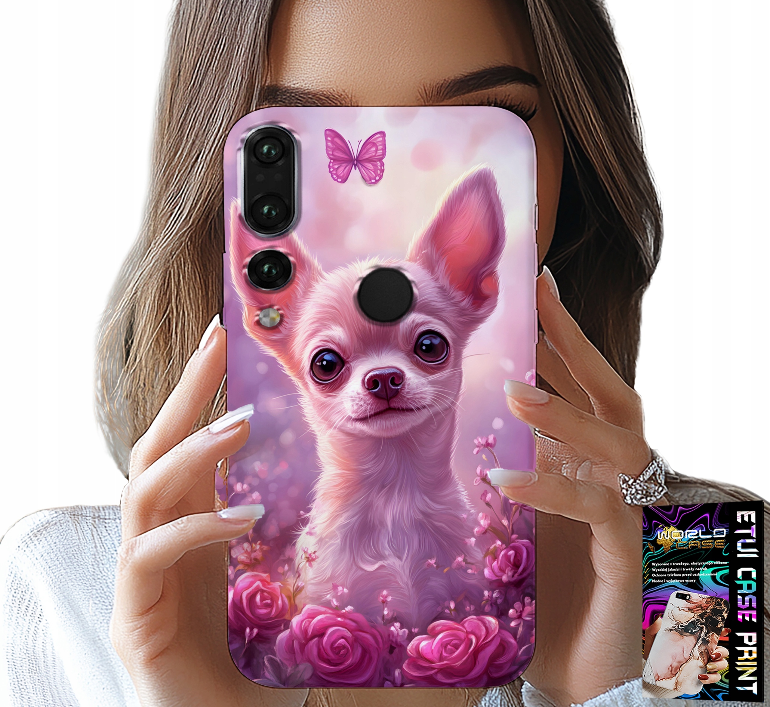 ETUI DO HUAWEI P20 PRO - SŁODKA CHIHUAHUA NA RÓŻOWYM TLE KWIATAMI