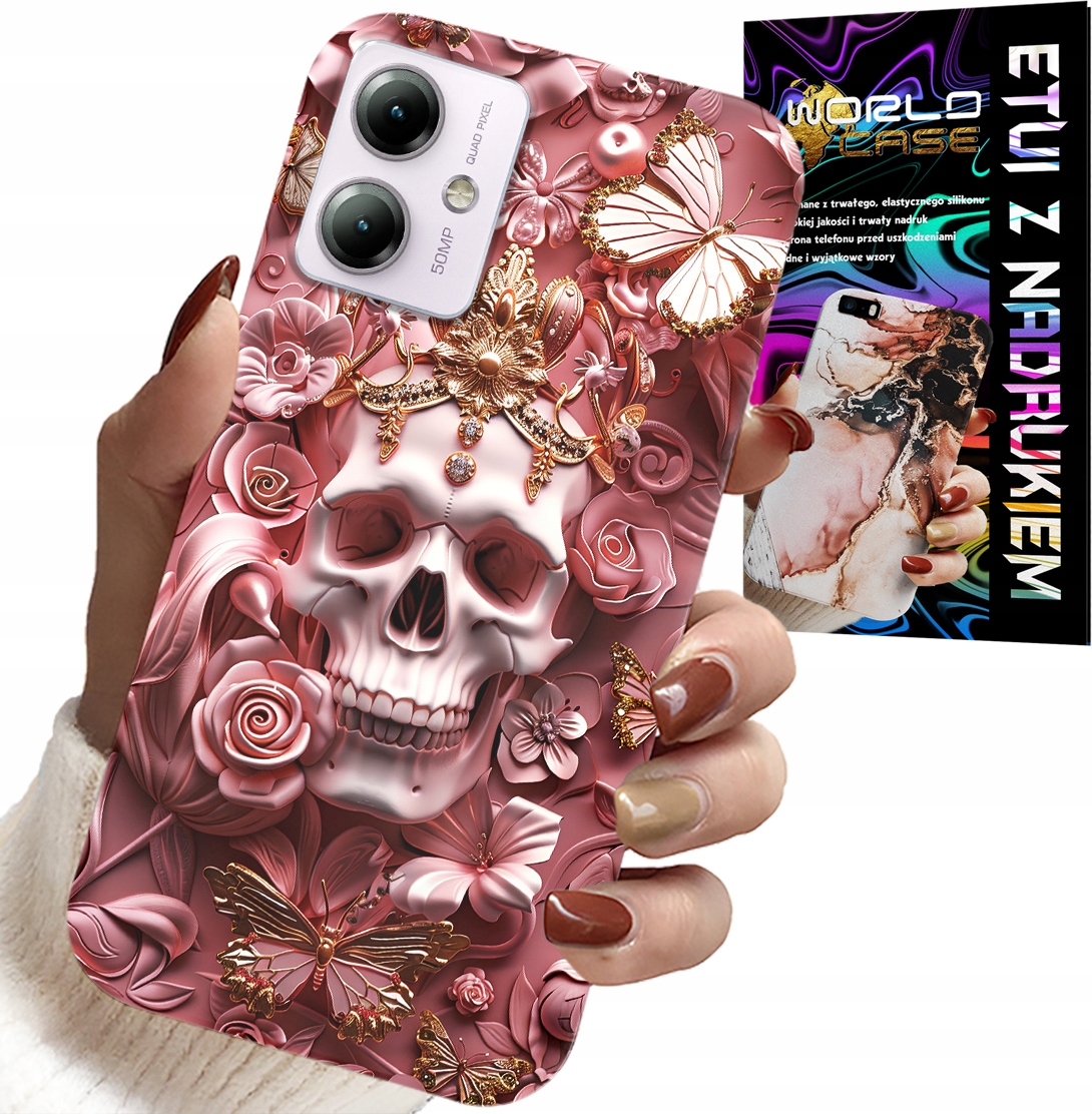 ETUI DO MOTOROLA MOTO G14 - KOBIECE, MODNE WZORY, CZASZKA W RÓŻE