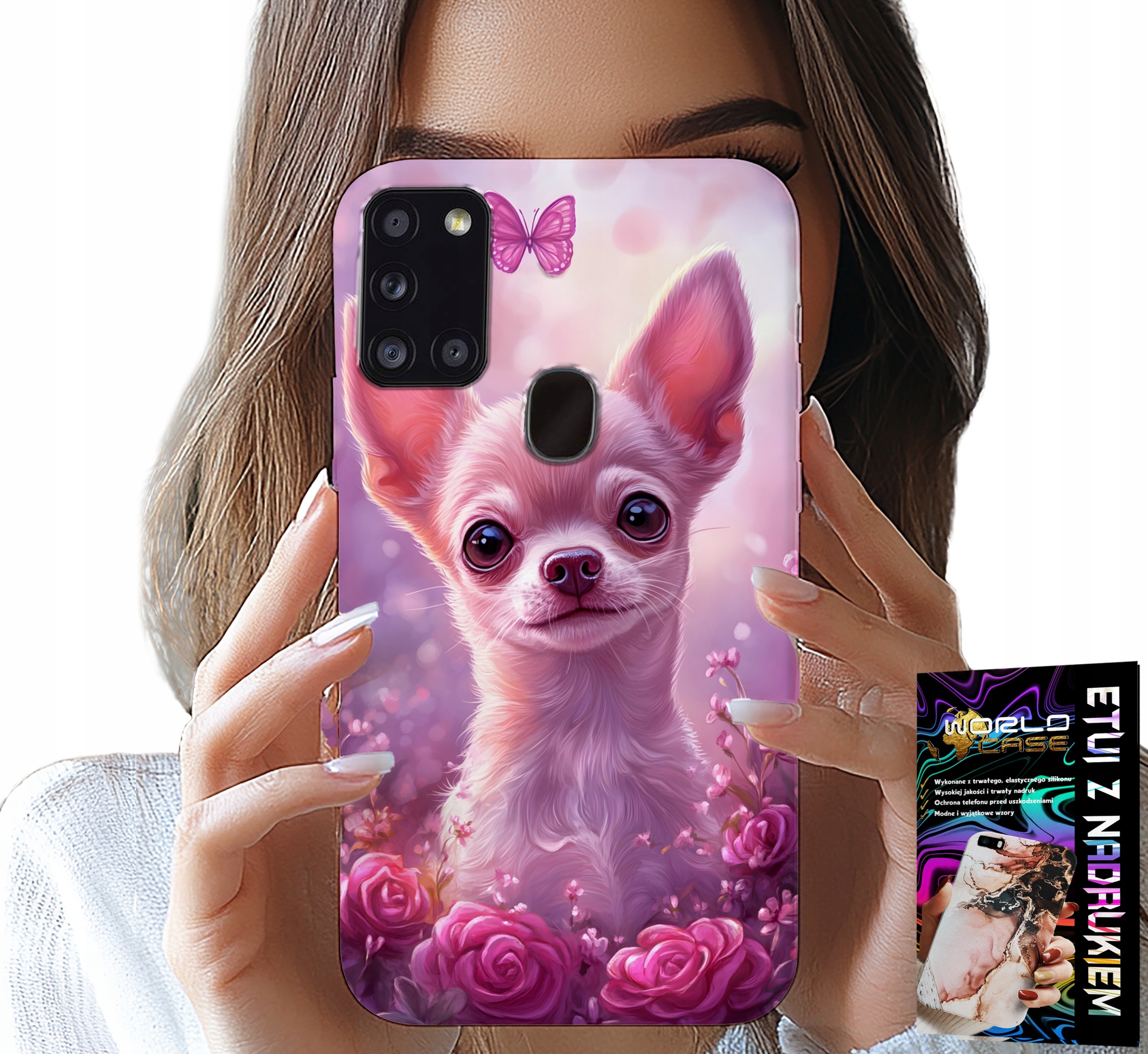 ETUI DO SAMSUNG GALAXY A21s - SŁODKA CHIHUAHUA NA RÓŻOWYM TLE KWIATAMI