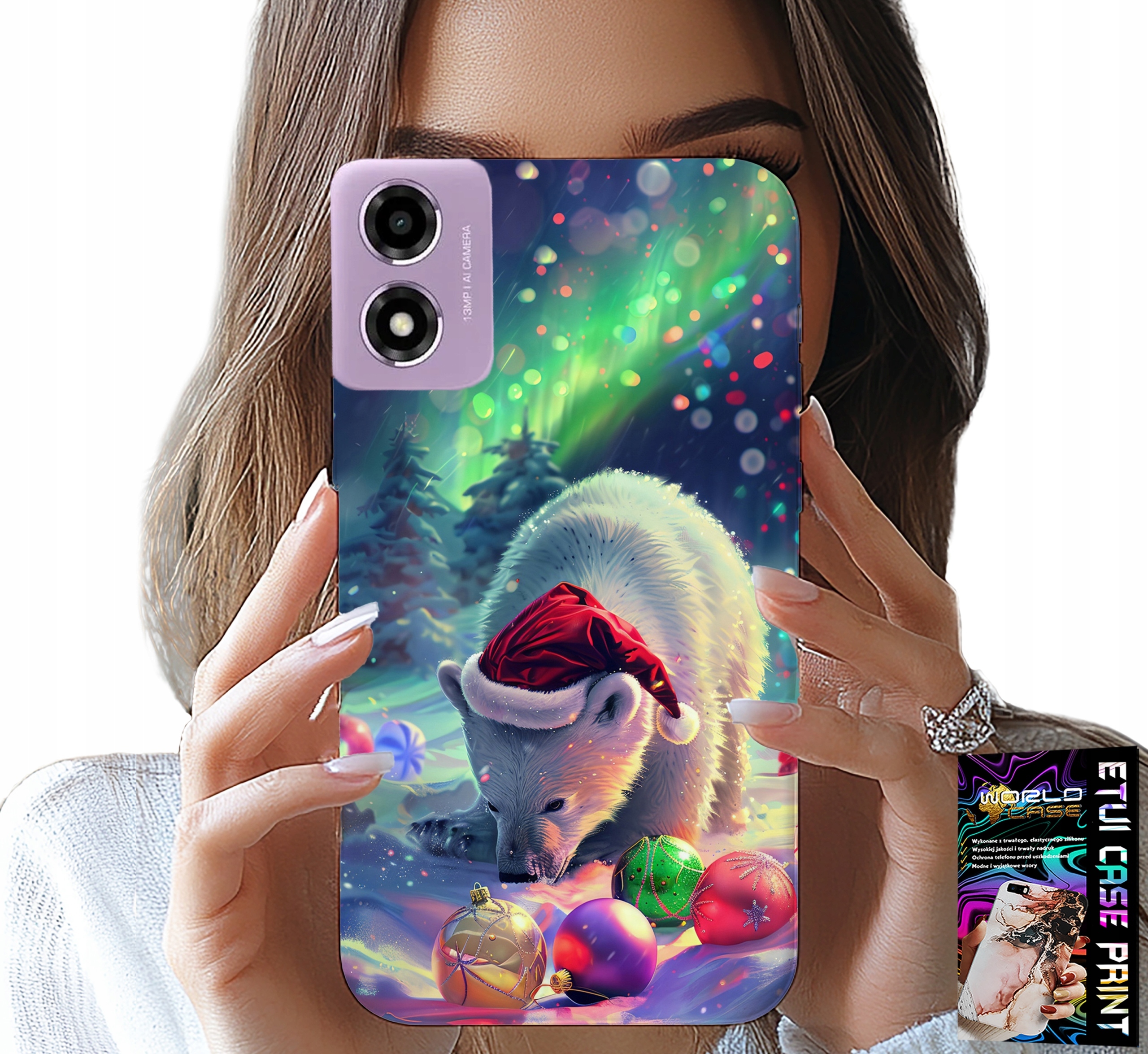 ETUI DO MOTOROLA MOTO E14 - ŚWIĄTECZNY NIEDŹWIEDŹ BOMBKI CASE +FOLIA