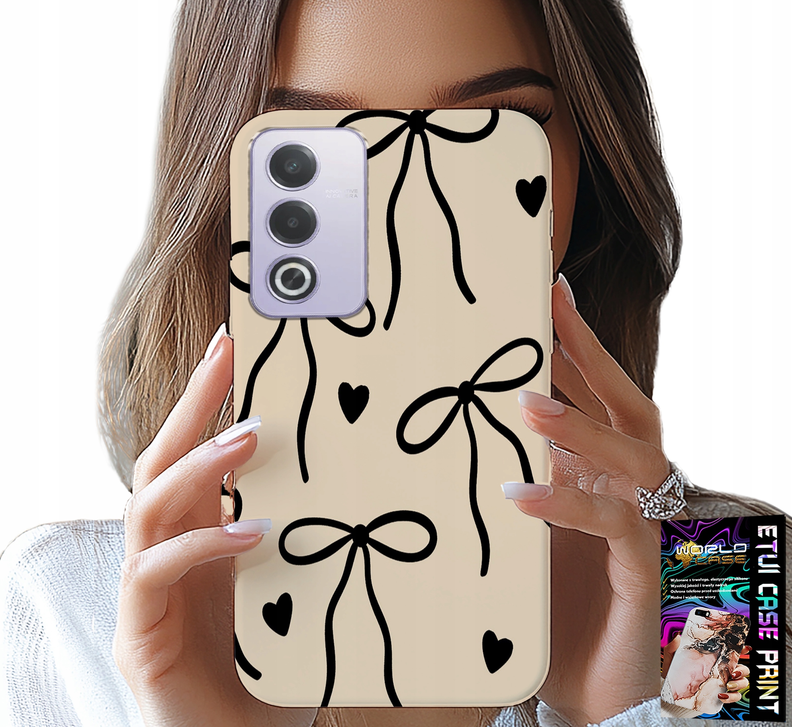 ETUI DO OPPO A80 5G - BEŻOWE KOKARDKI WSTĄŻKA MODNE WZORY