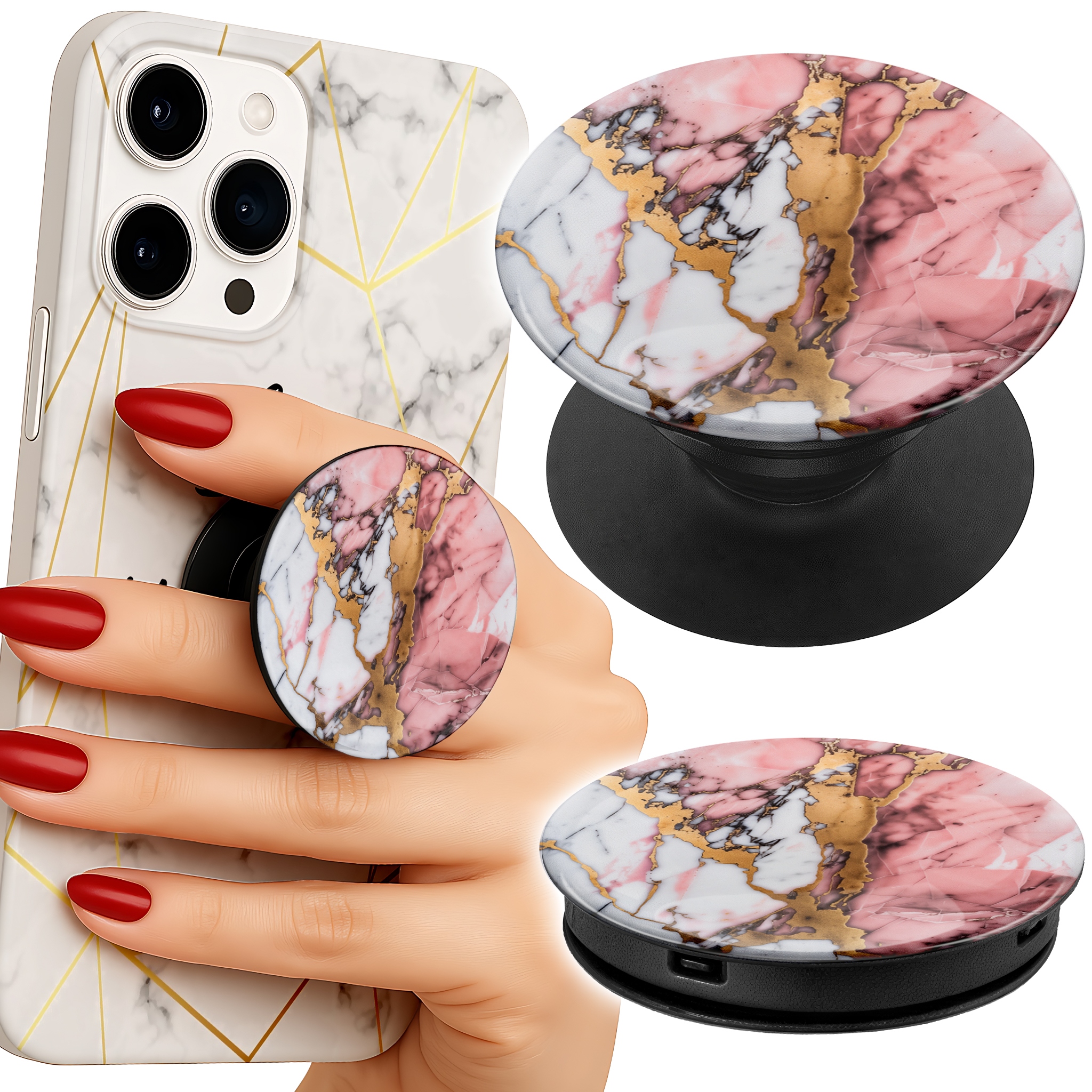 Uchwyt do telefonu Popsocket na palce/stojak RÓŻOWO BIAŁY MARMUREK KAMIENNE