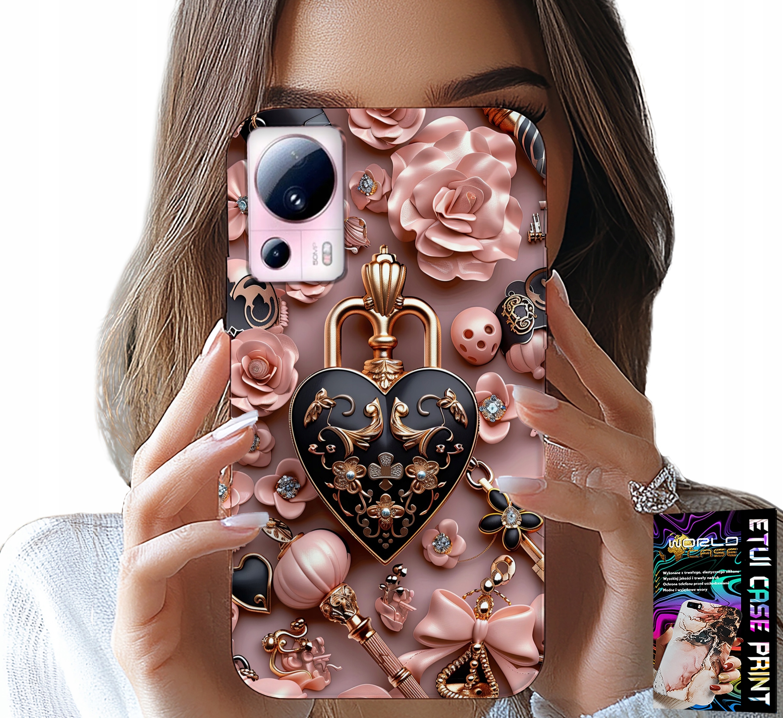 ETUI DO XIAOMI 13 LITE - KOBIECE WZORY KŁÓDKA SERCE CASE + SZKŁO