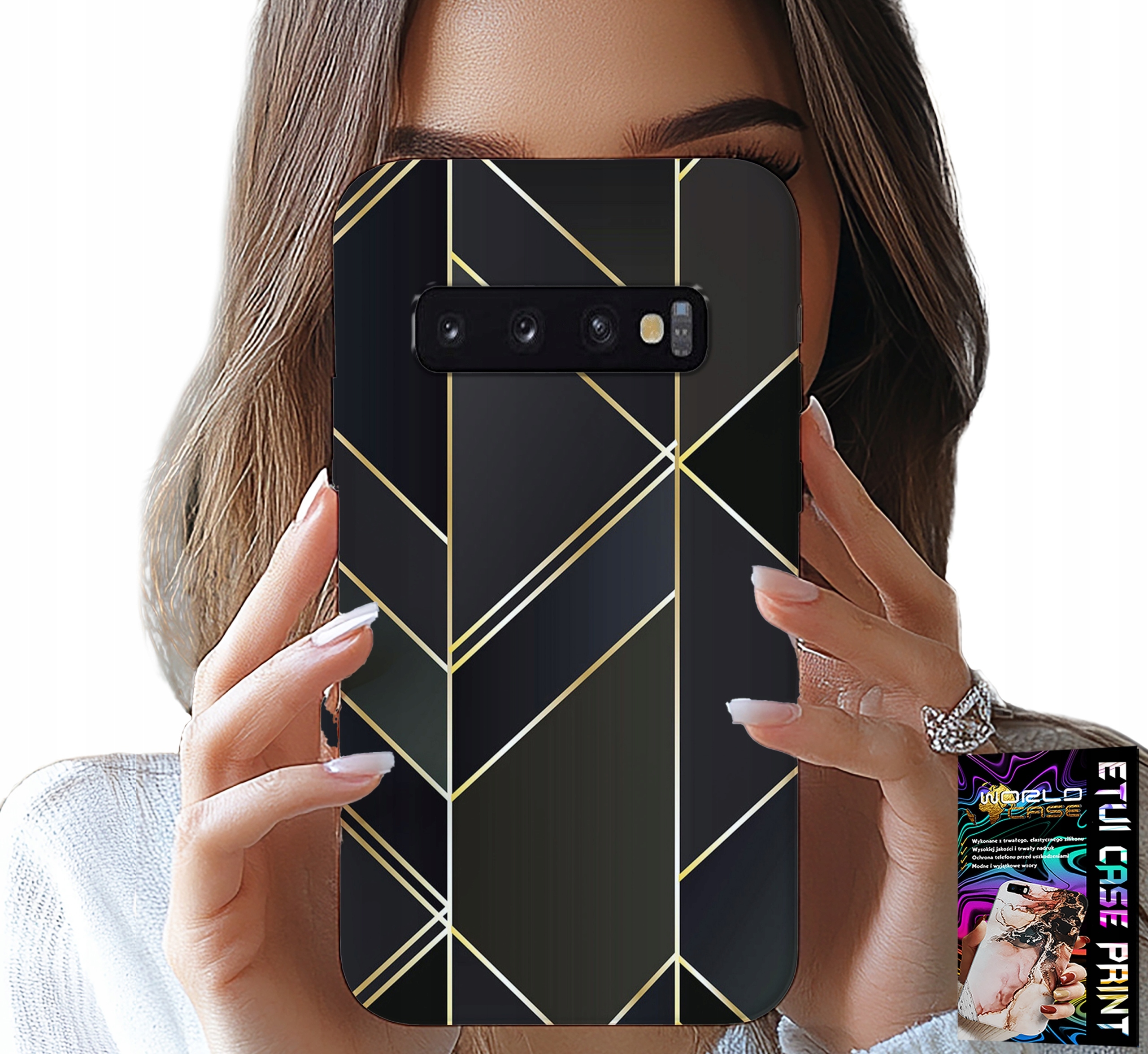 ETUI DO SAMSUNG GALAXY S10 - ZŁOTE RAMKI, ELEGANCKIE WZORY + FOLIA