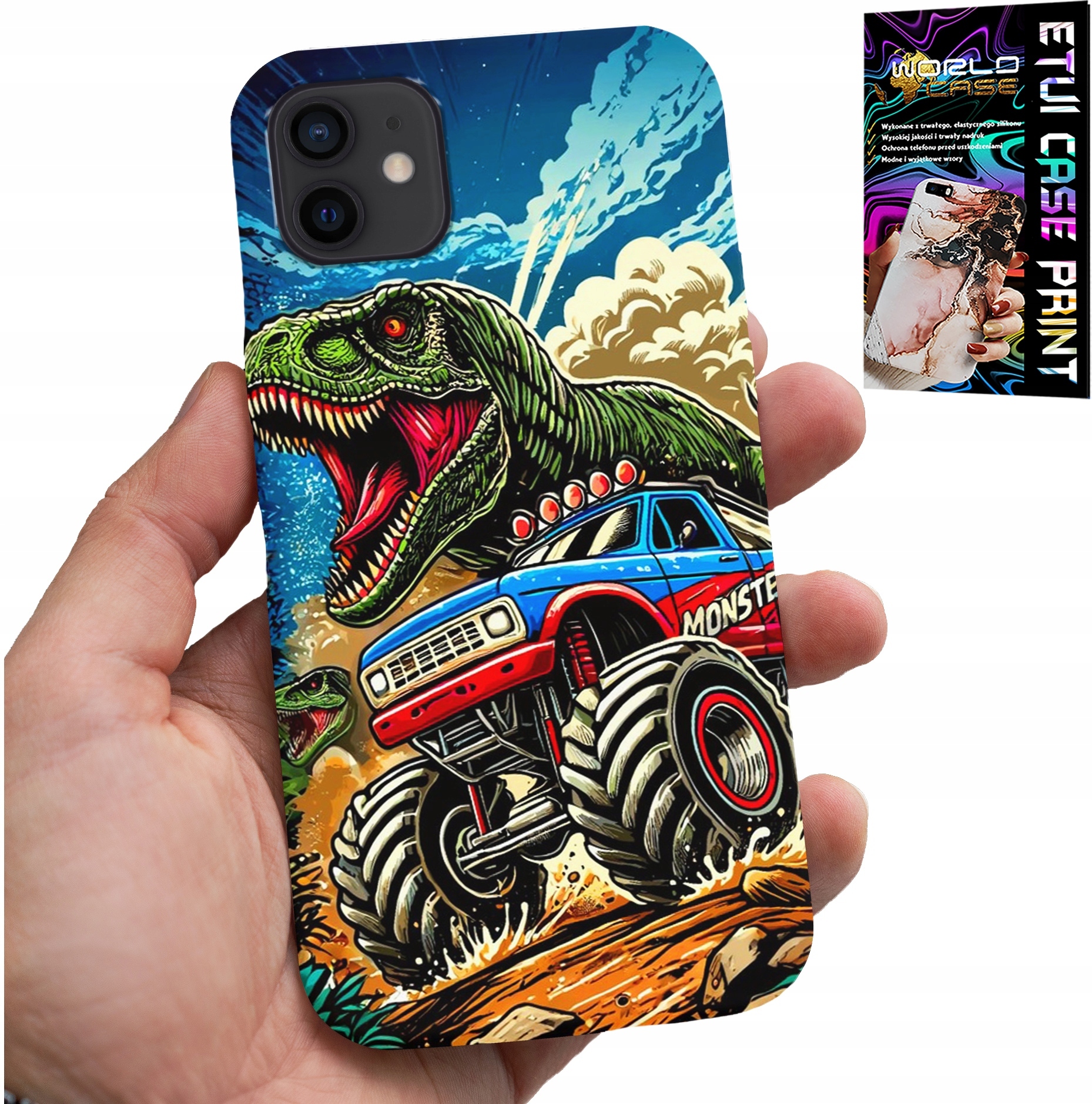 ETUI DO IPHONE 12 MINI -DINOZAUR W MONSTERTRUCKU WZORY DLA DZIECI