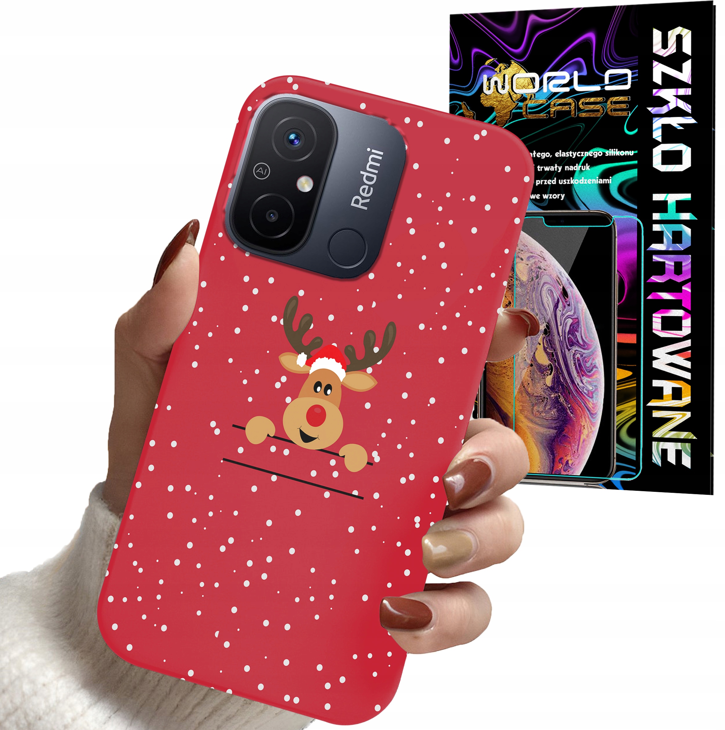 ETUI DO XIAOMI REDMI 12C - ŚWIĄTECZNE WZORY RENIFER PLECKI + SZKŁO