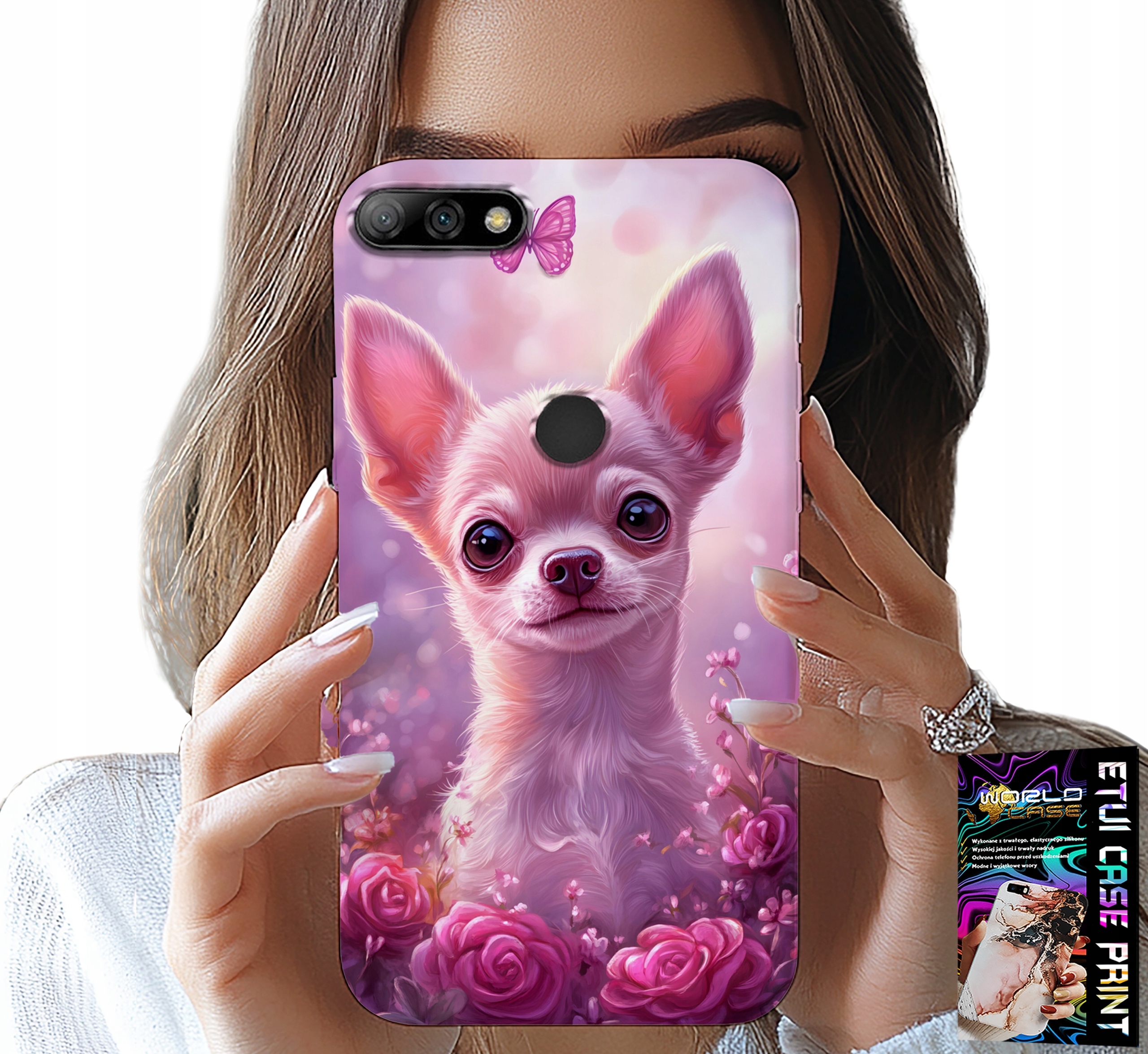 ETUI DO HUAWEI Y7 2018 - SŁODKA CHIHUAHUA NA RÓŻOWYM TLE KWIATAMI
