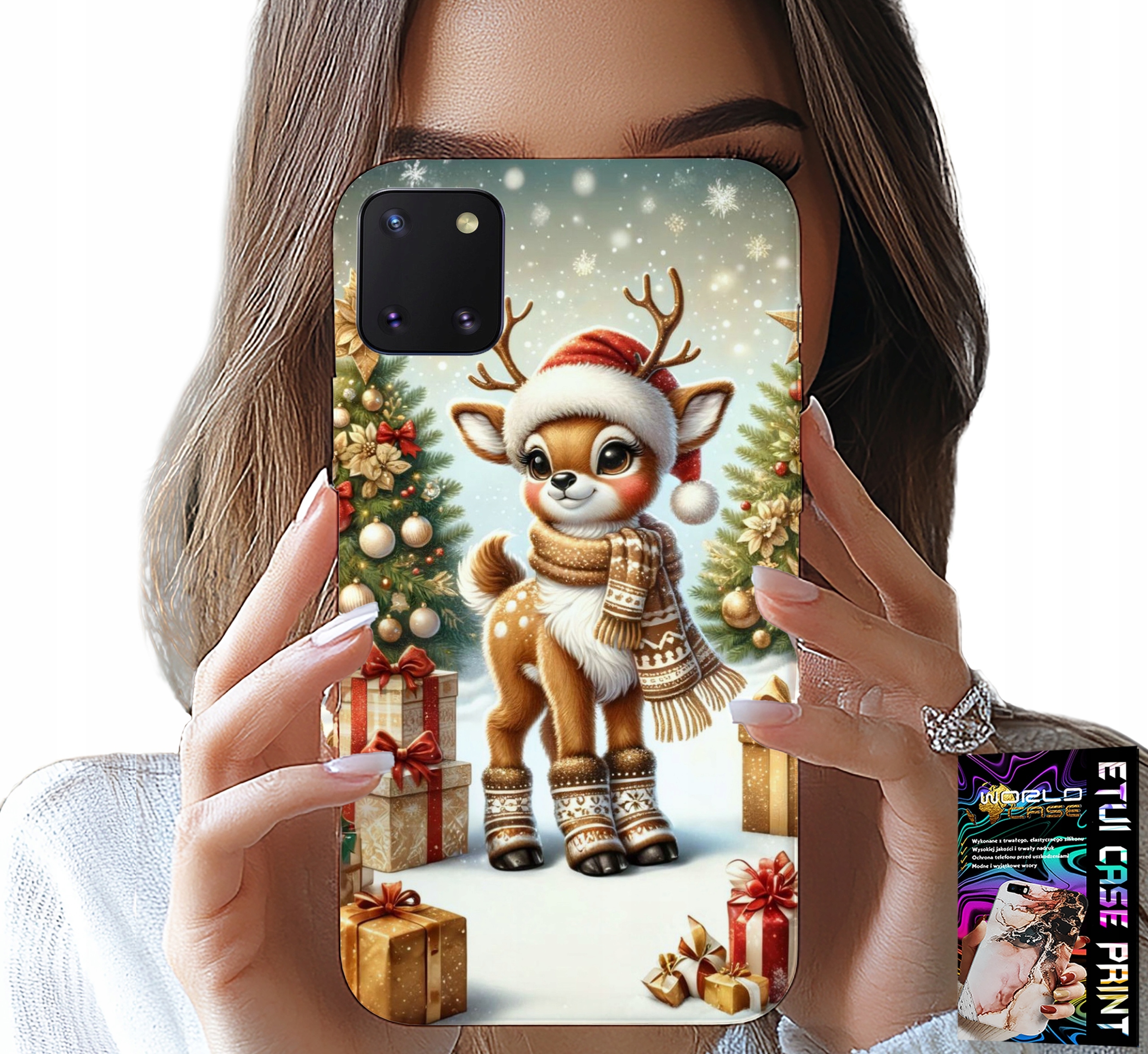 ETUI DO SAMSUNG GALAXY A81 - RENIFER, WZORY BOŻONARODZENIOWE + SZKŁO