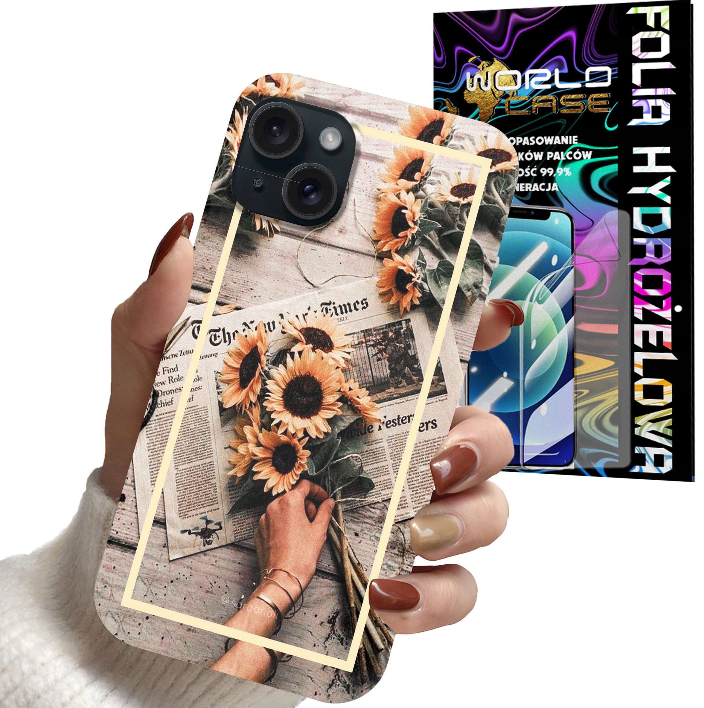 ETUI CASE DO IPHONE 15 PLUS - SŁONECZNIK KWIATY DLA KOBIET PLECKI + FOLIA