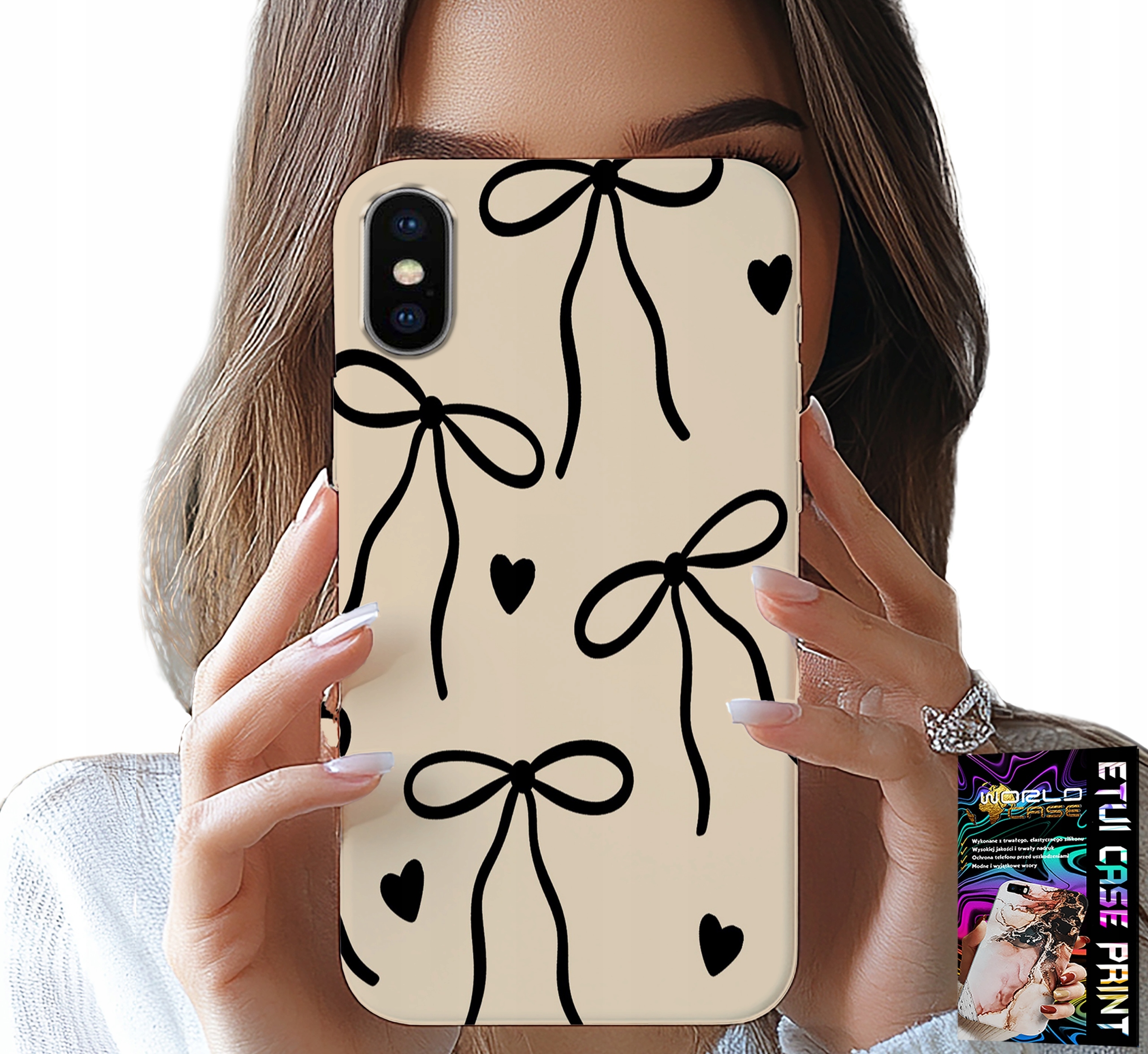 ETUI DO IPHONE X / XS - BEŻOWE KOKARDKI WSTĄŻKA MODNE WZORY