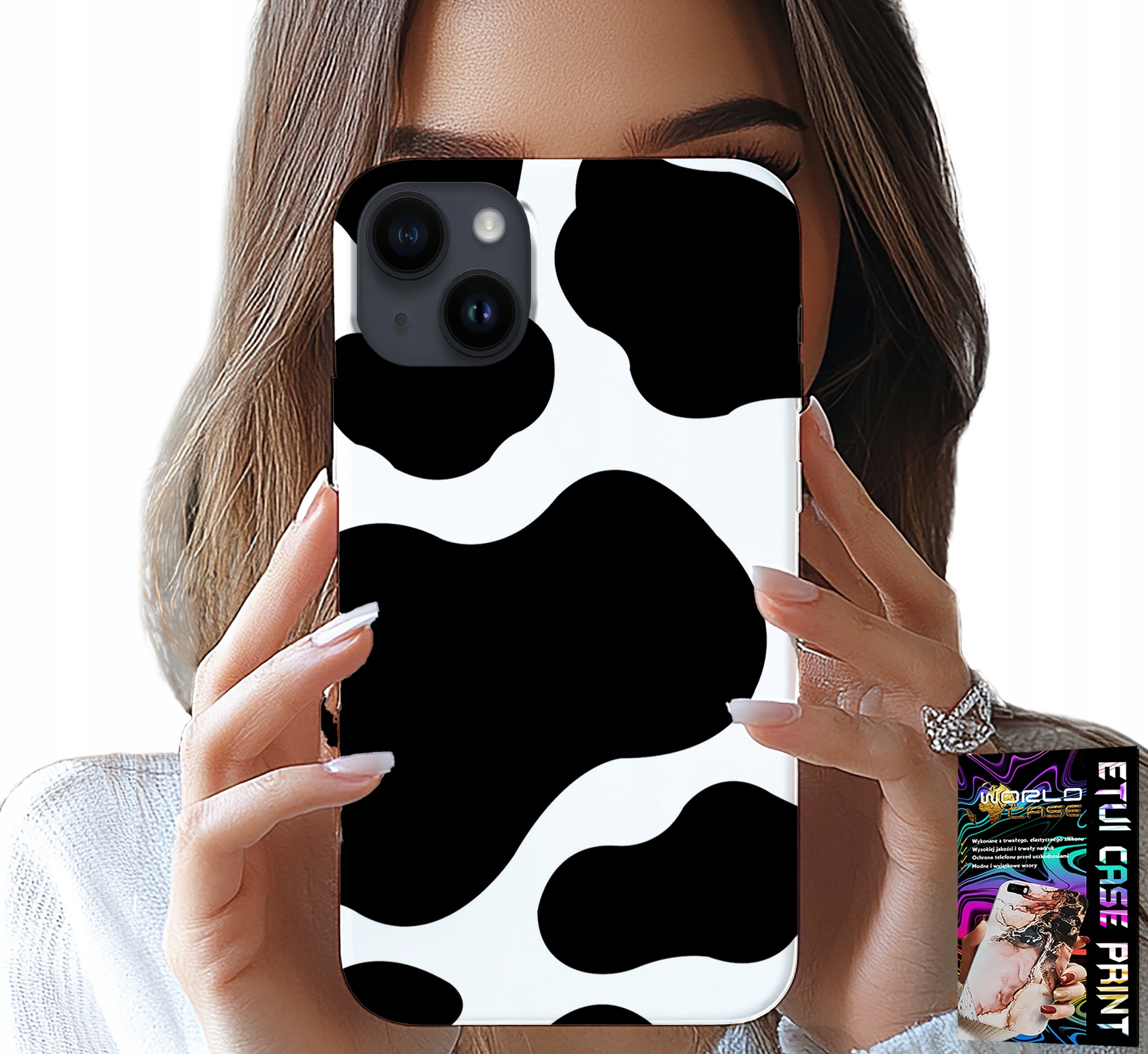 ETUI DO IPHONE 14 - CZARNO - BIAŁE ŁATY KROWA, MODNE WZORY