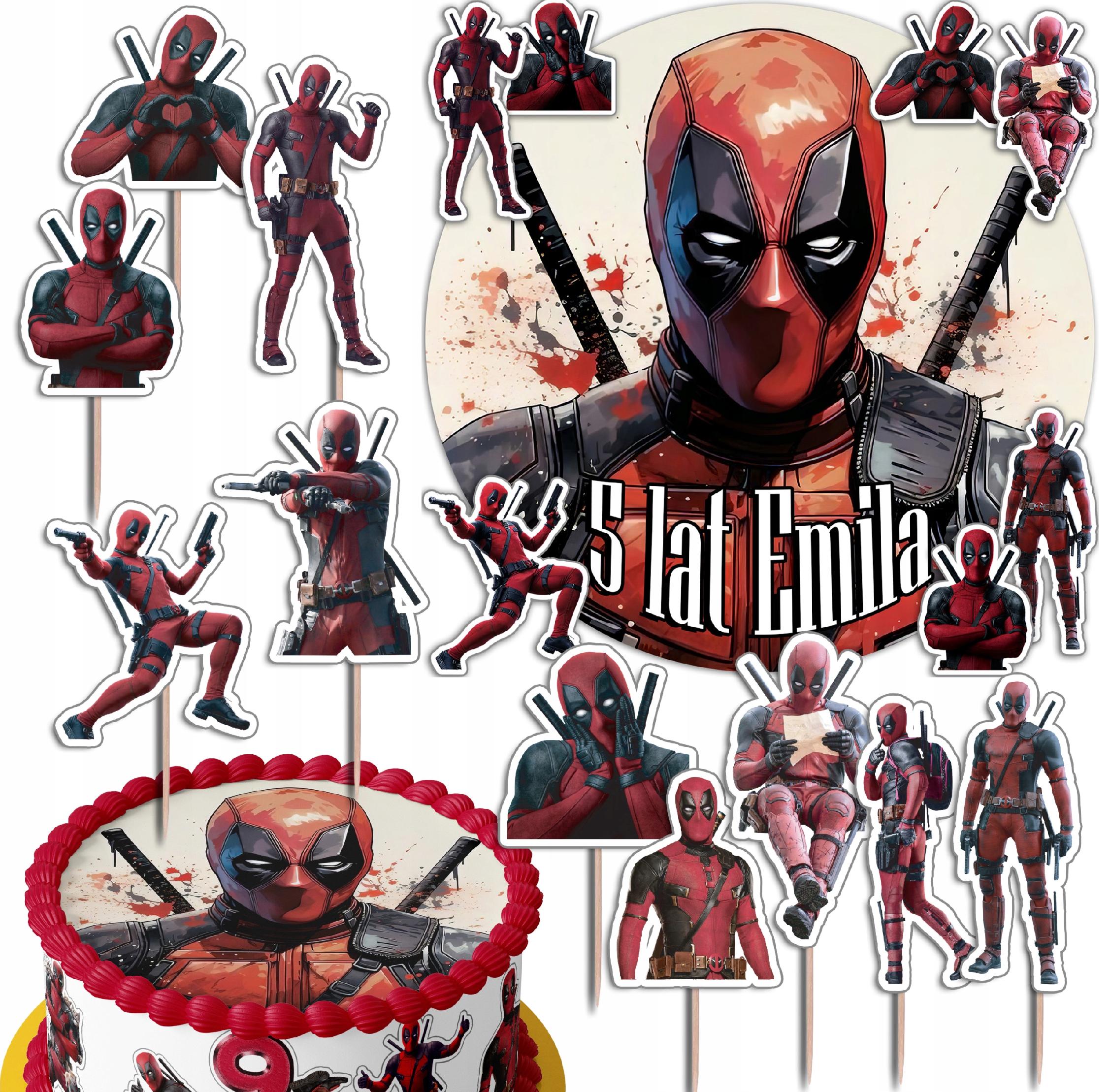 ZESTAW OPŁATEK NA TORT 20CM + TOPPERY - DEAD POOL + IMIĘ 15CM 18CM