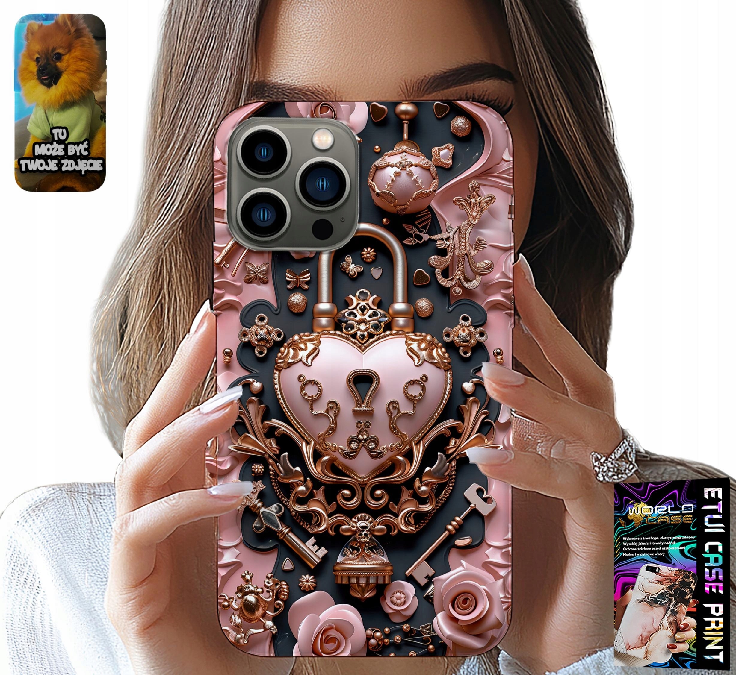 ETUI DO IPHONE 13 PRO - KOBIECE, MODNE WZORY, KŁÓDKA SERCE RÓŻA