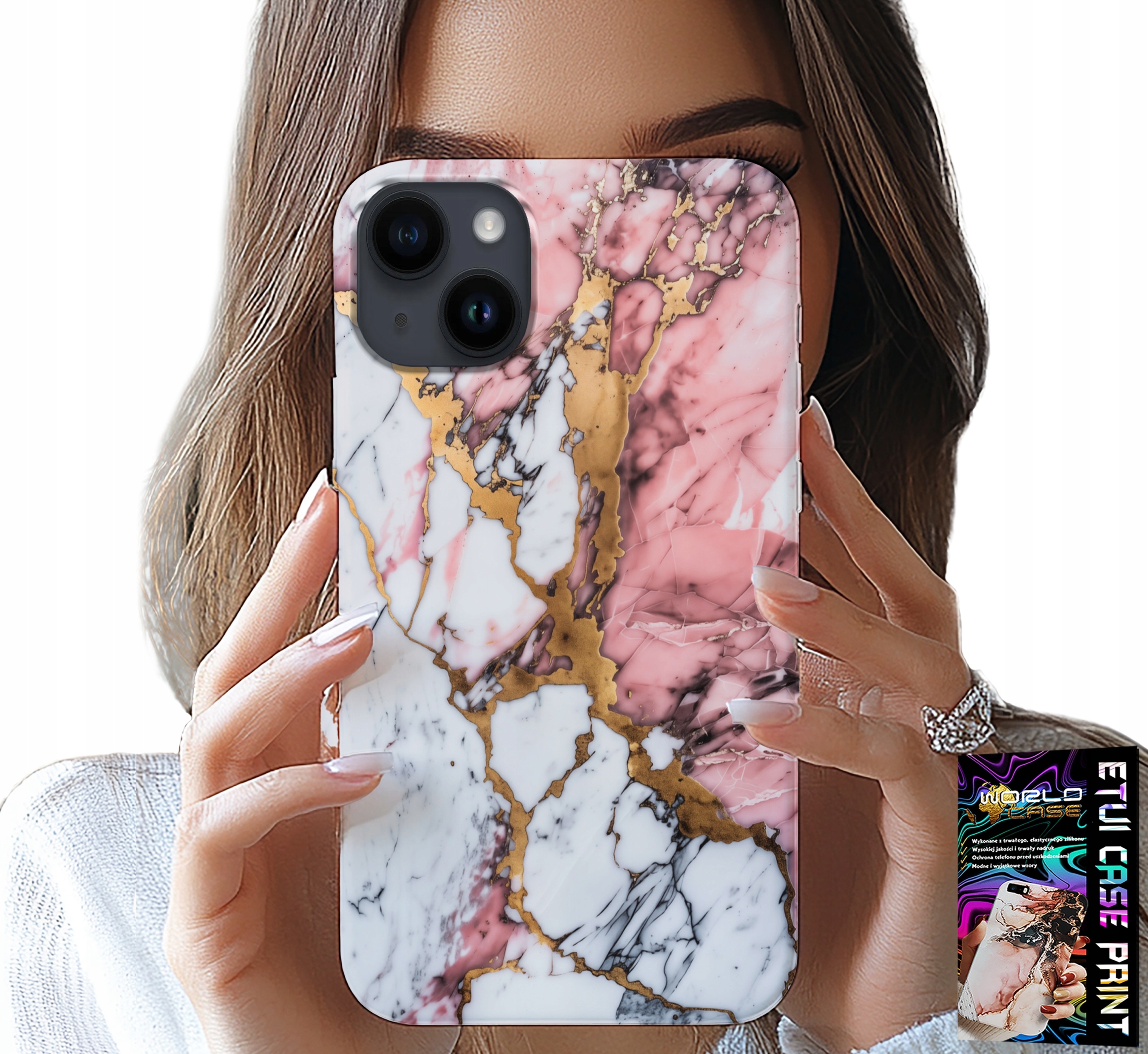 ETUI DO IPHONE 15 - RÓŻOWO BIAŁY MARMUREK, KAMIENNE WZORY