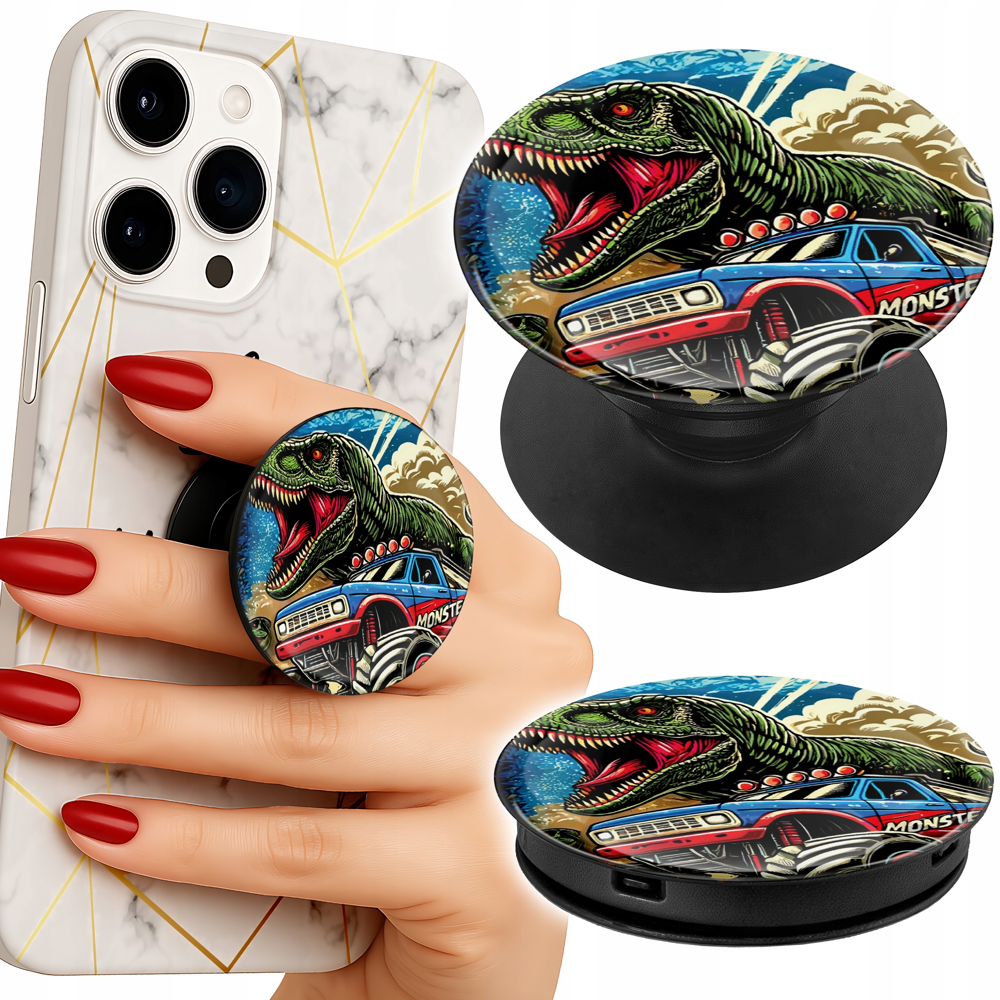 Uchwyt do telefonu Popsocket na palce/stojak DINOZAUR W MONSTERTRUCKU