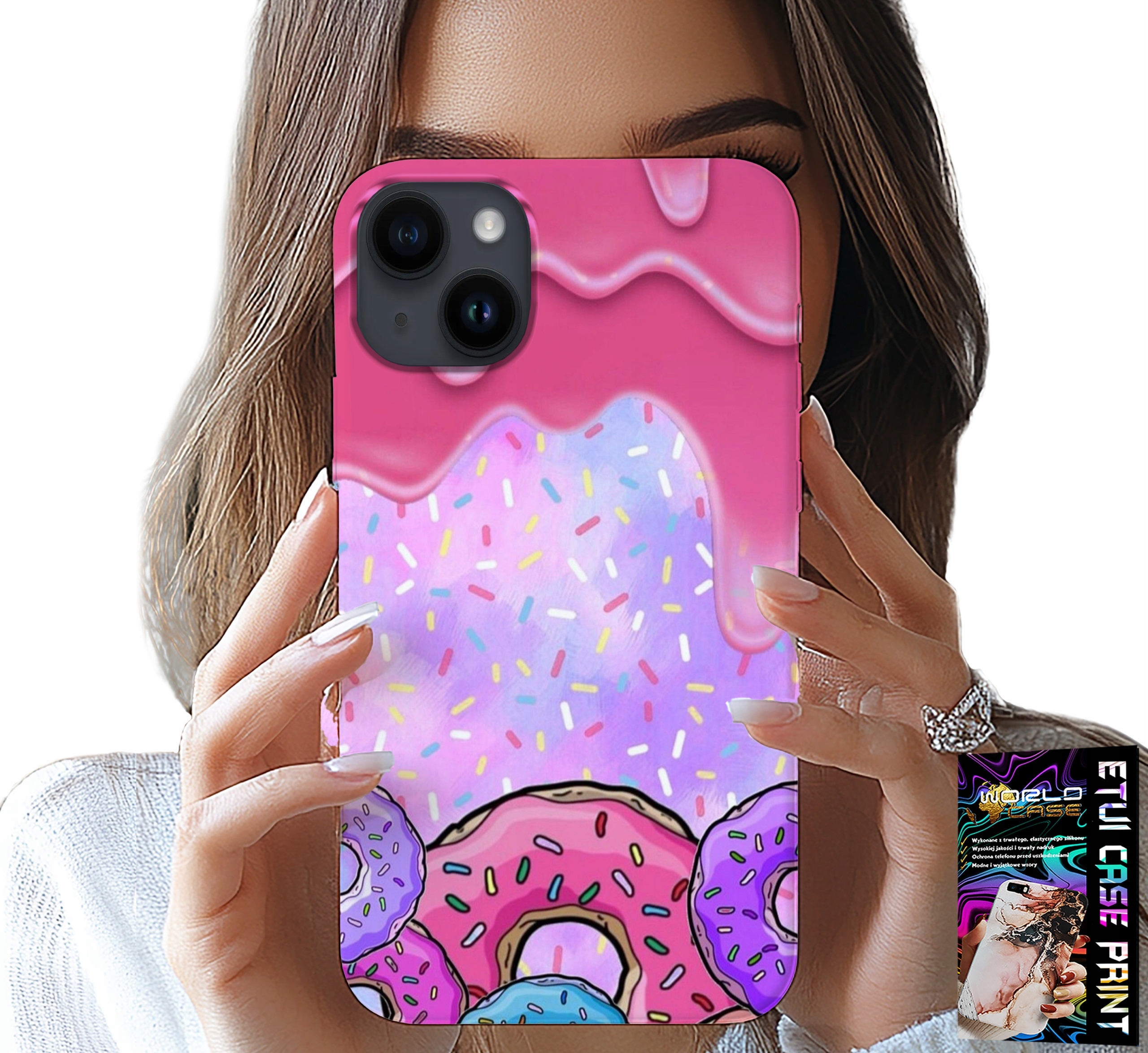 ETUI DO IPHONE 14 PLUS - SŁODKIE DONUTY Z LUKREM W TLE + SZKŁO