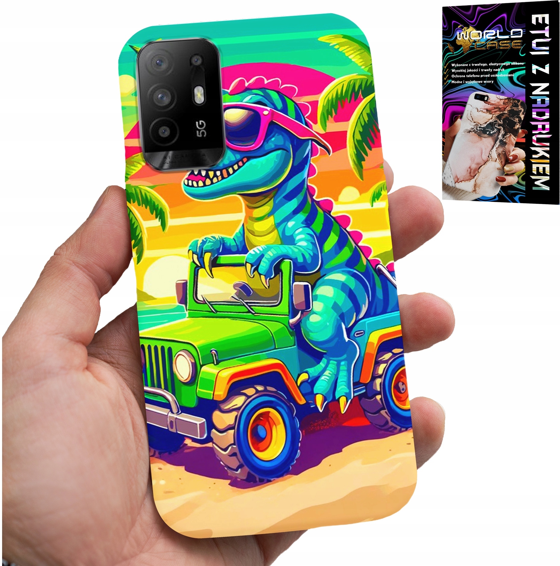 ETUI DO OPPO RENO 5Z / A94 5G - DINOZAUR W CIĘŻARÓWCE WZORY DLA DZIECI