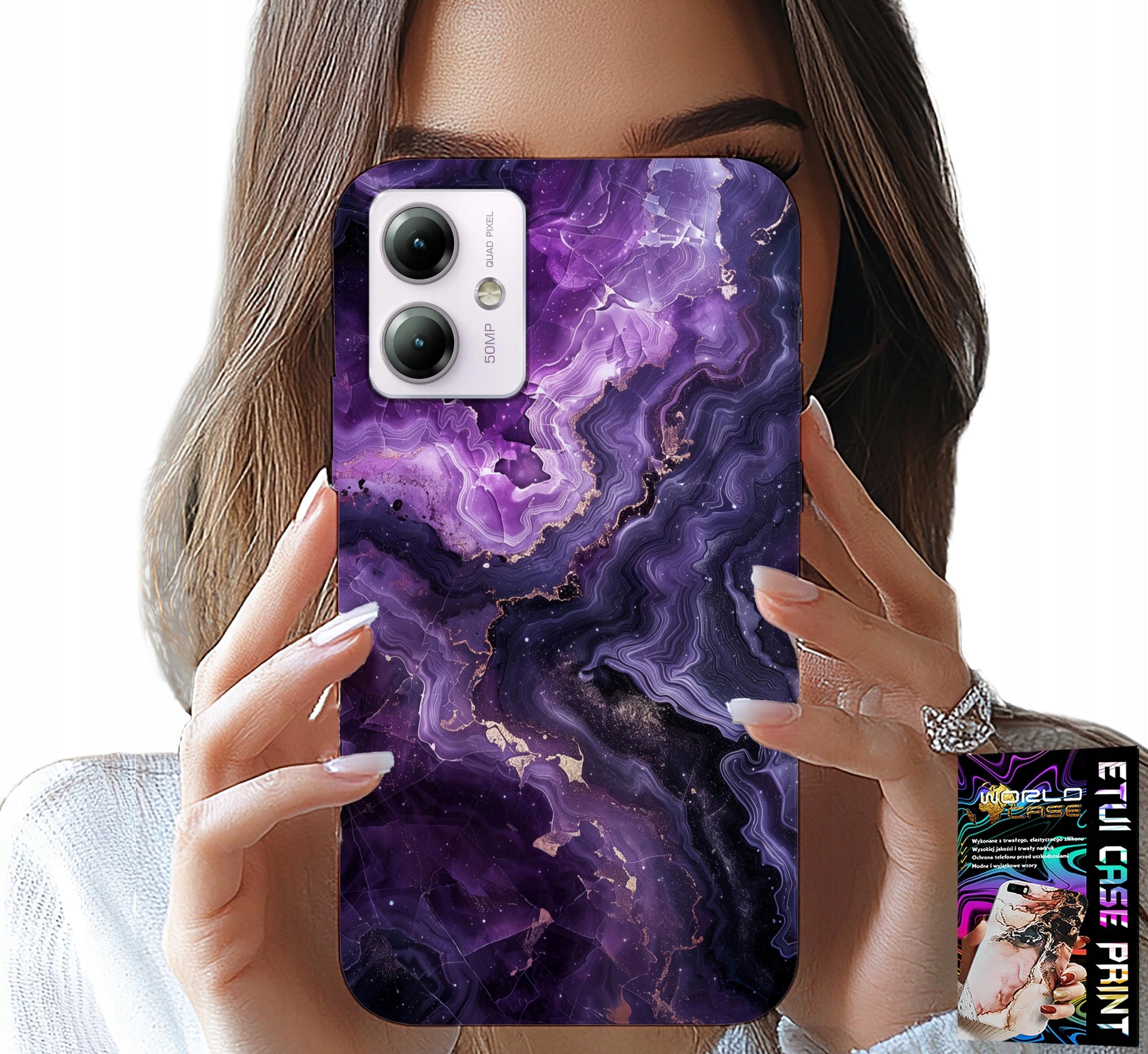ETUI DO MOTOROLA MOTO G14 - FIOLETOWY MARMUREK MODNE KOBIECE + SZKŁO