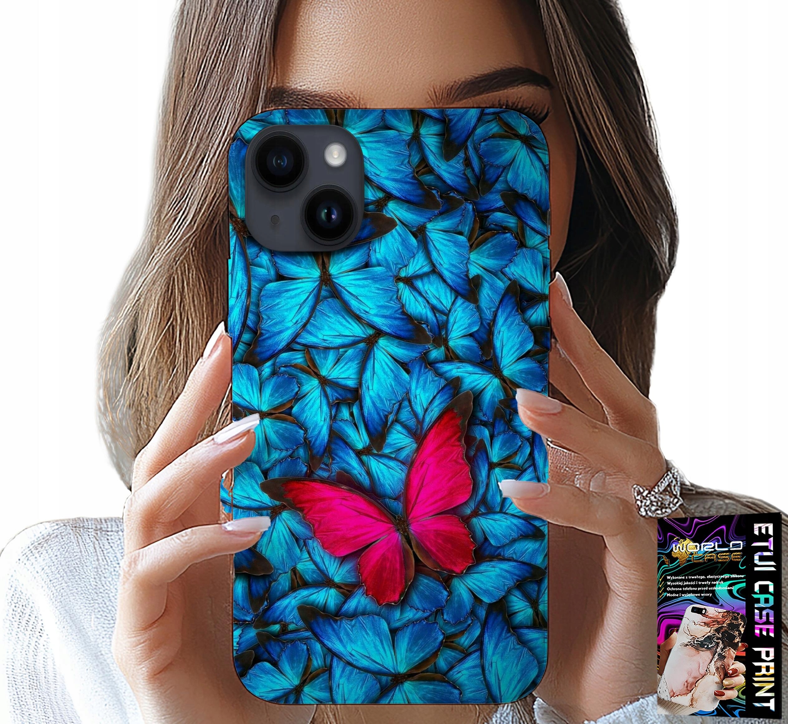 ETUI DO IPHONE 14 - NIEBIESKIE MOTYLKI, MOTYL, KOBIECE WZORY