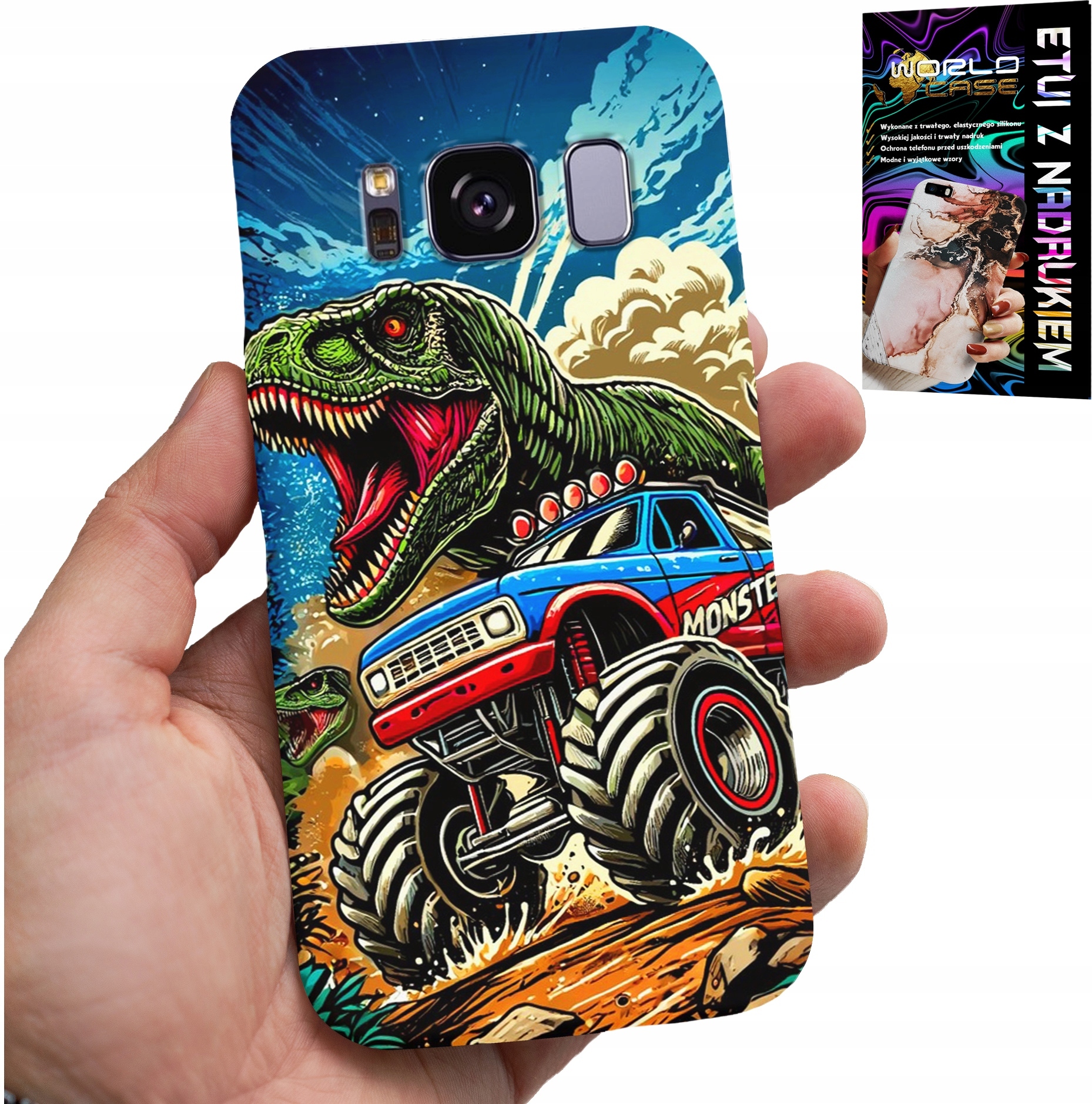 ETUI DO SAMSUNG GALAXY S8 -DINOZAUR W MONSTERTRUCKU WZORY DLA DZIECI