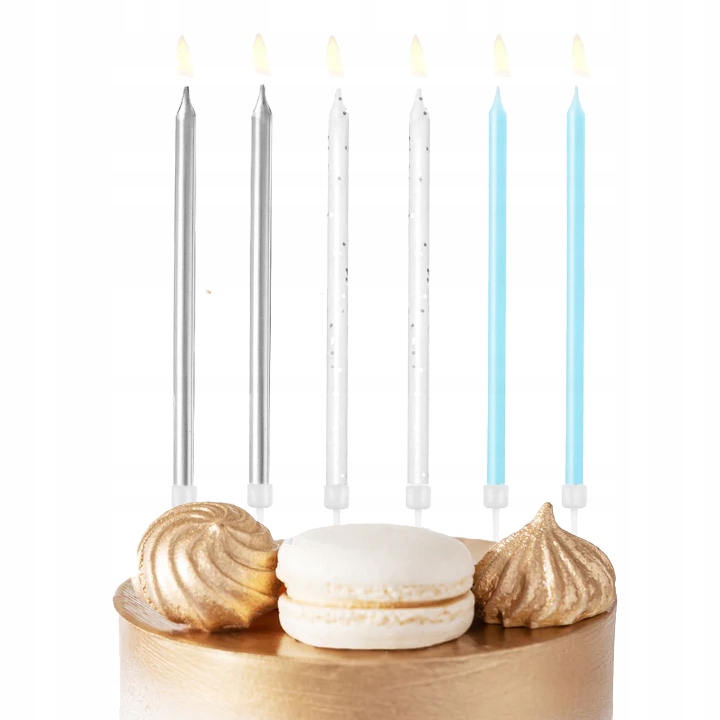 ŚWIECZKI URODZINOWE NIEBIESKO - BIAŁE - SREBRNE NA IMPREZĘ URODZINOWĄ 6 SZT