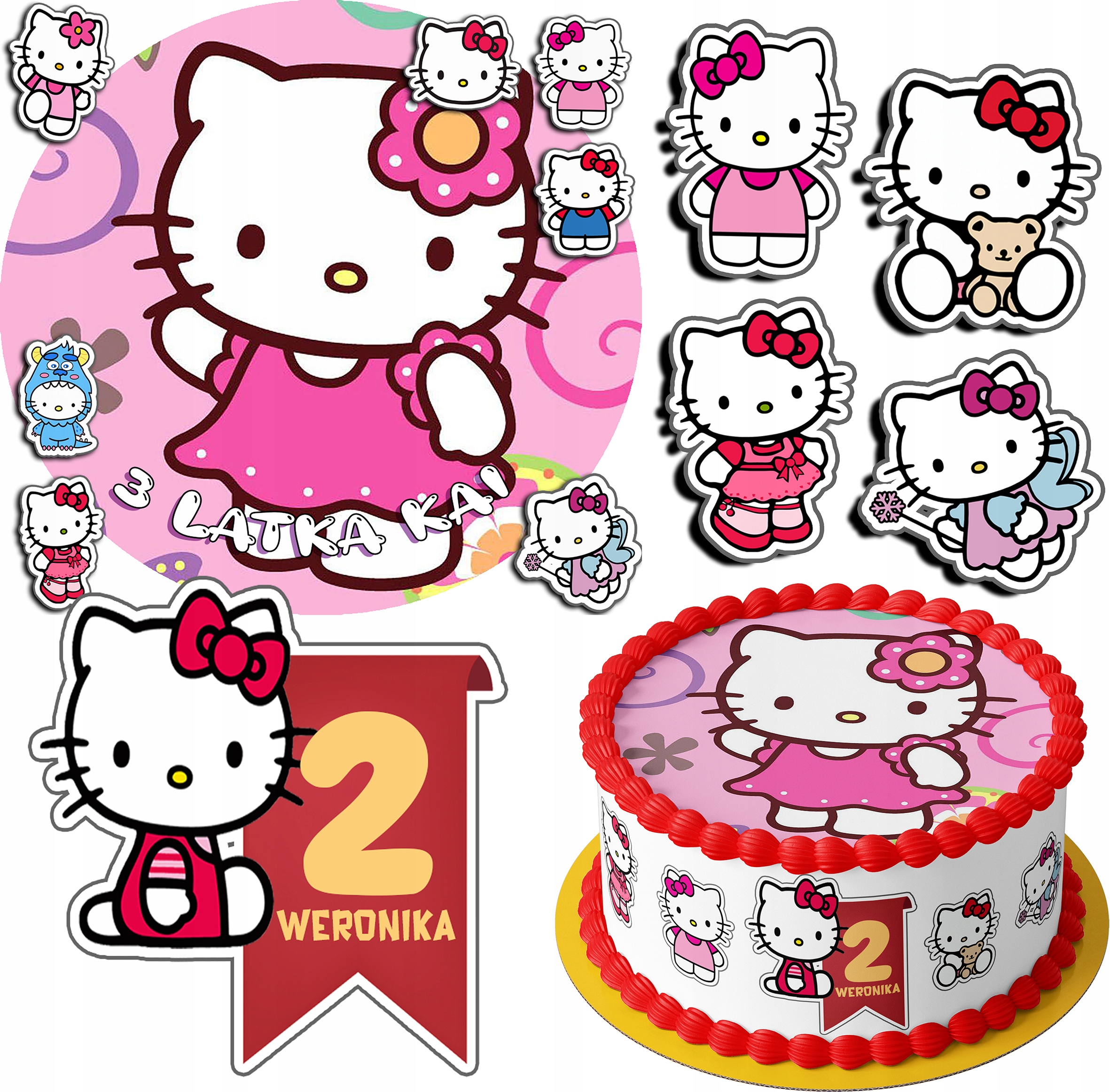 ZESTAW OPŁATEK NA TORT 30CM + 17 POSTACI - KOTEK HELLO + IMIĘ 24CM 26CM