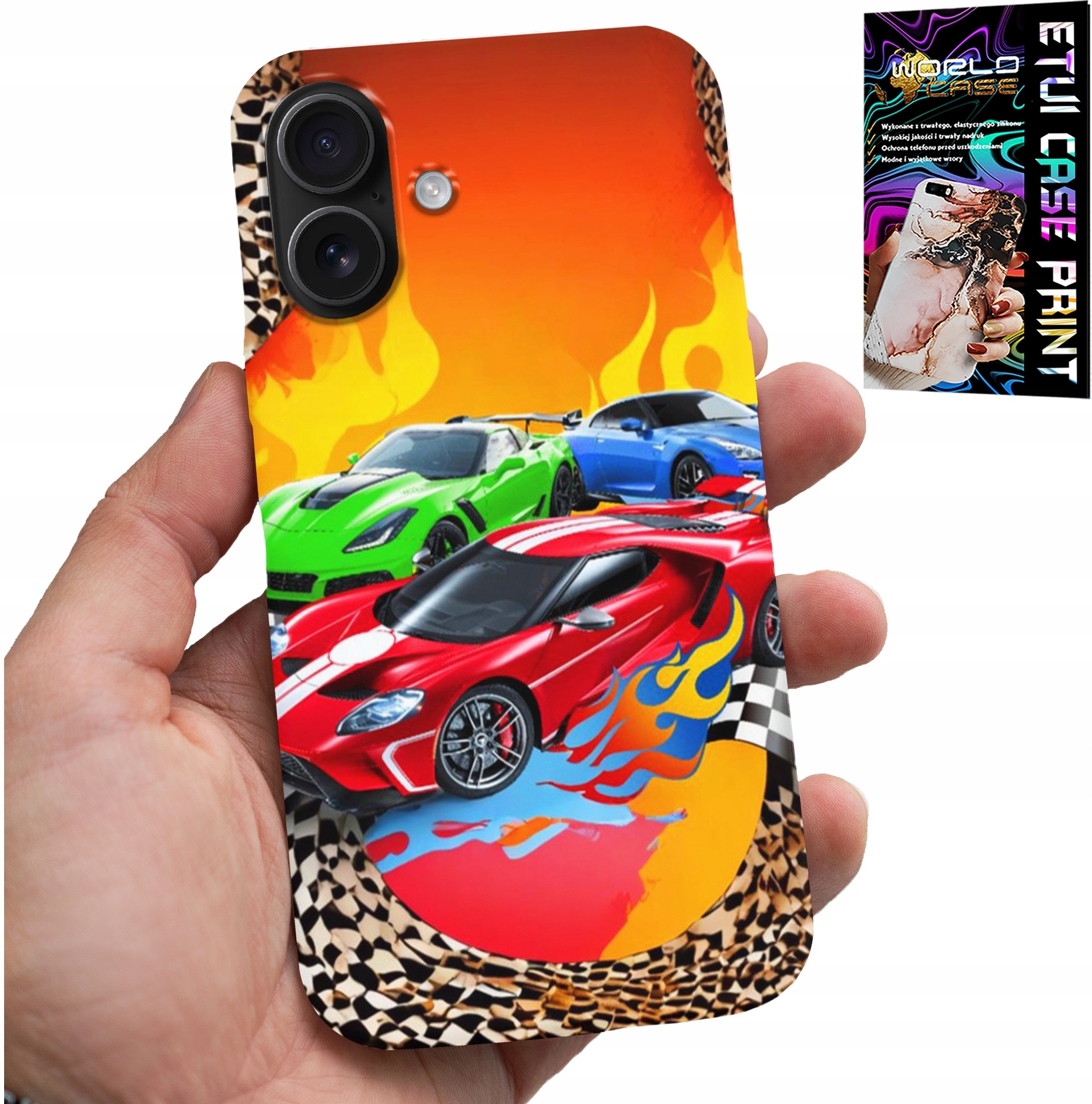 ETUI DO IPHONE 16 - DLA DZIECI, SAMOCHODY WYŚCIGOWE + SZKŁO