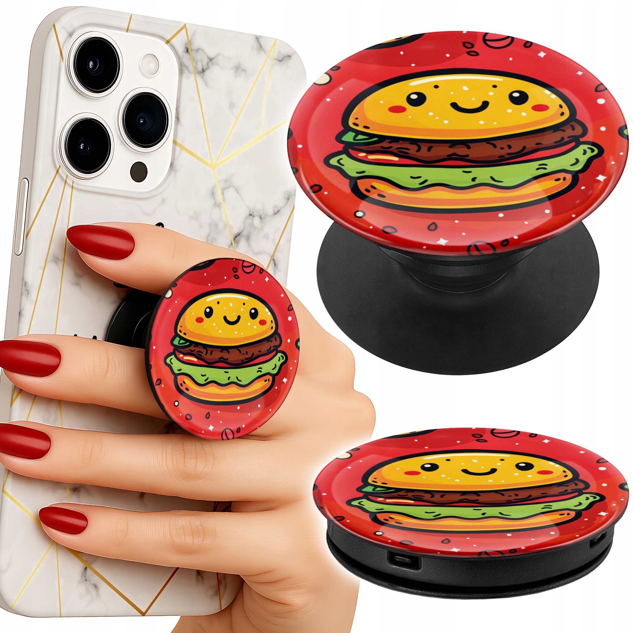 Uchwyt do telefonu Popsocket na palce/stojak SŁODKI UŚMIECHNIĘTY BURGER