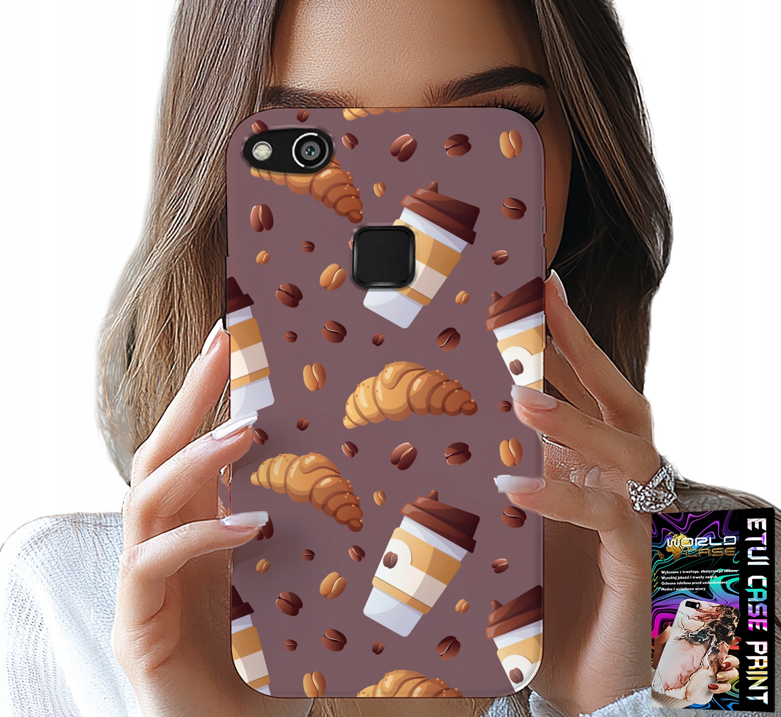 ETUI DO HUAWEI P10 LITE - CASE Z KAWĄ ROGALIKAMI I ZIARNAMI W TLE