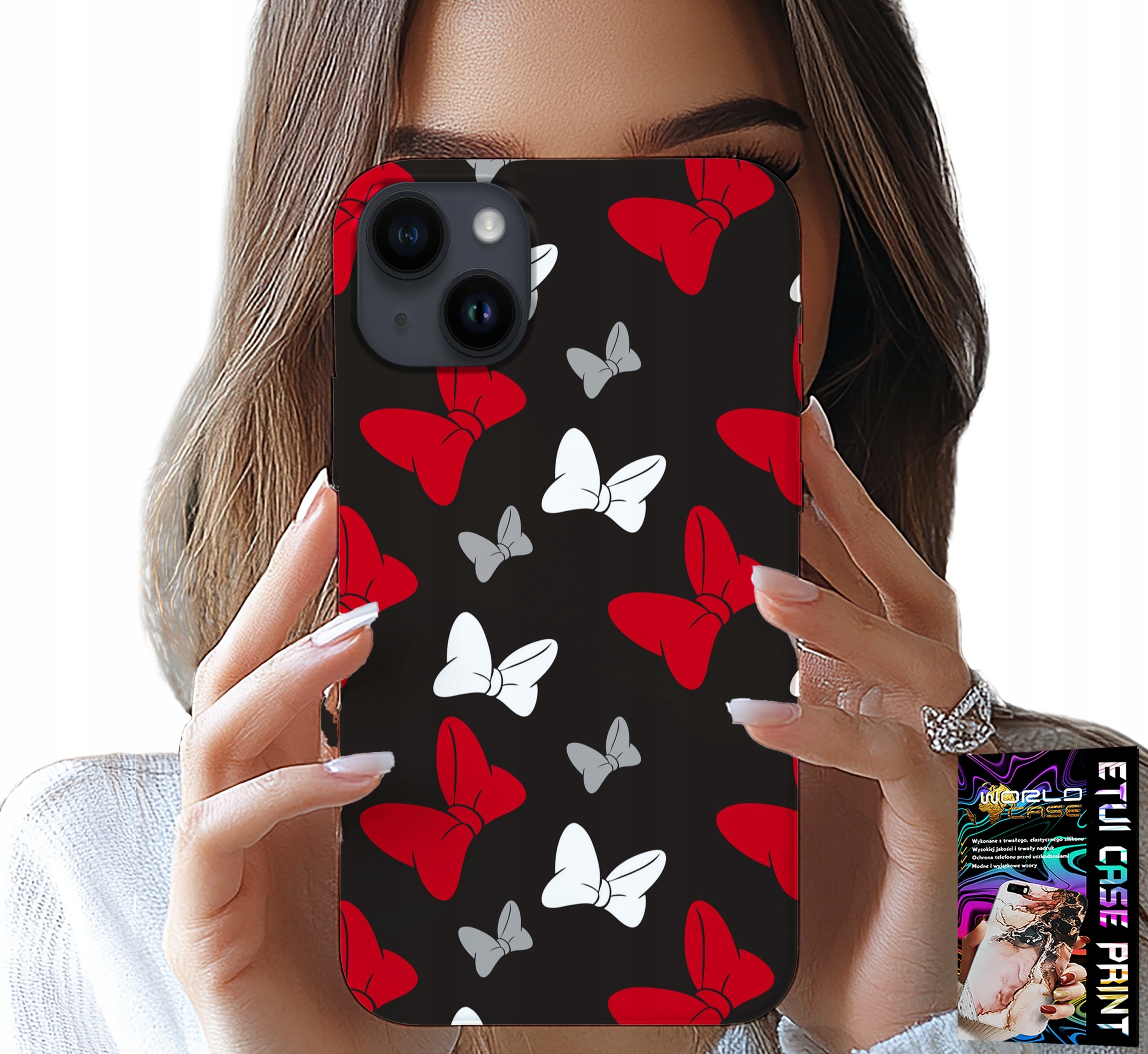 ETUI DO IPHONE 14 - KOKARDKI CZERWONO BIAŁE MYSZKA, WZORY