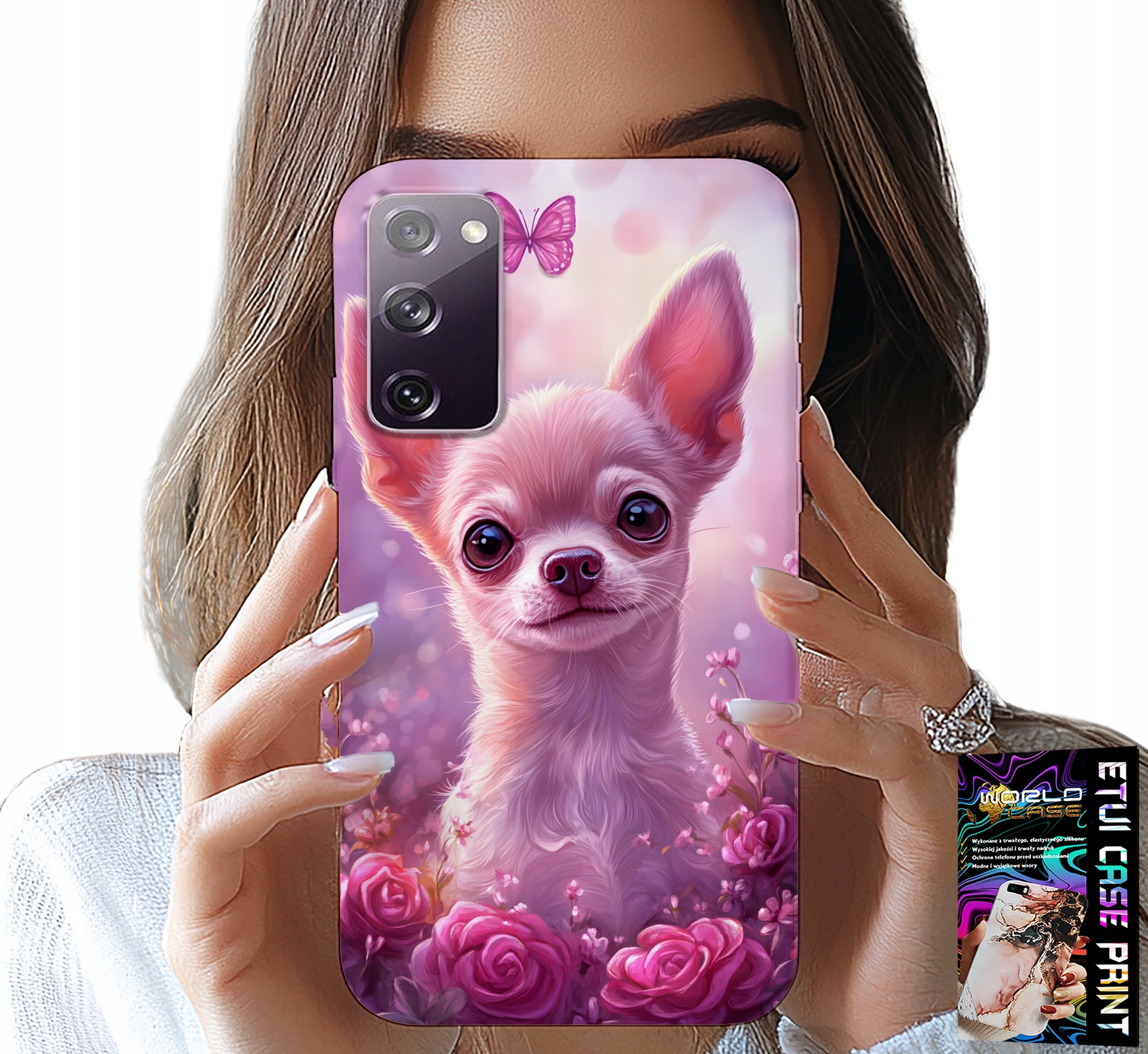 ETUI DO SAMSUNG GALAXY S20 FE - SŁODKA CHIHUAHUA NA RÓŻOWYM TLE KWIATAMI