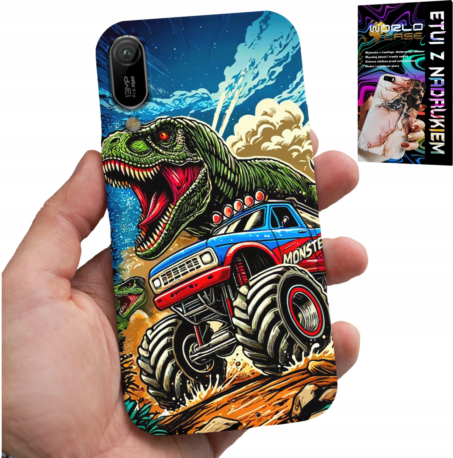 ETUI DO HUAWEI Y6 2019 -DINOZAUR W MONSTERTRUCKU WZORY DLA DZIECI