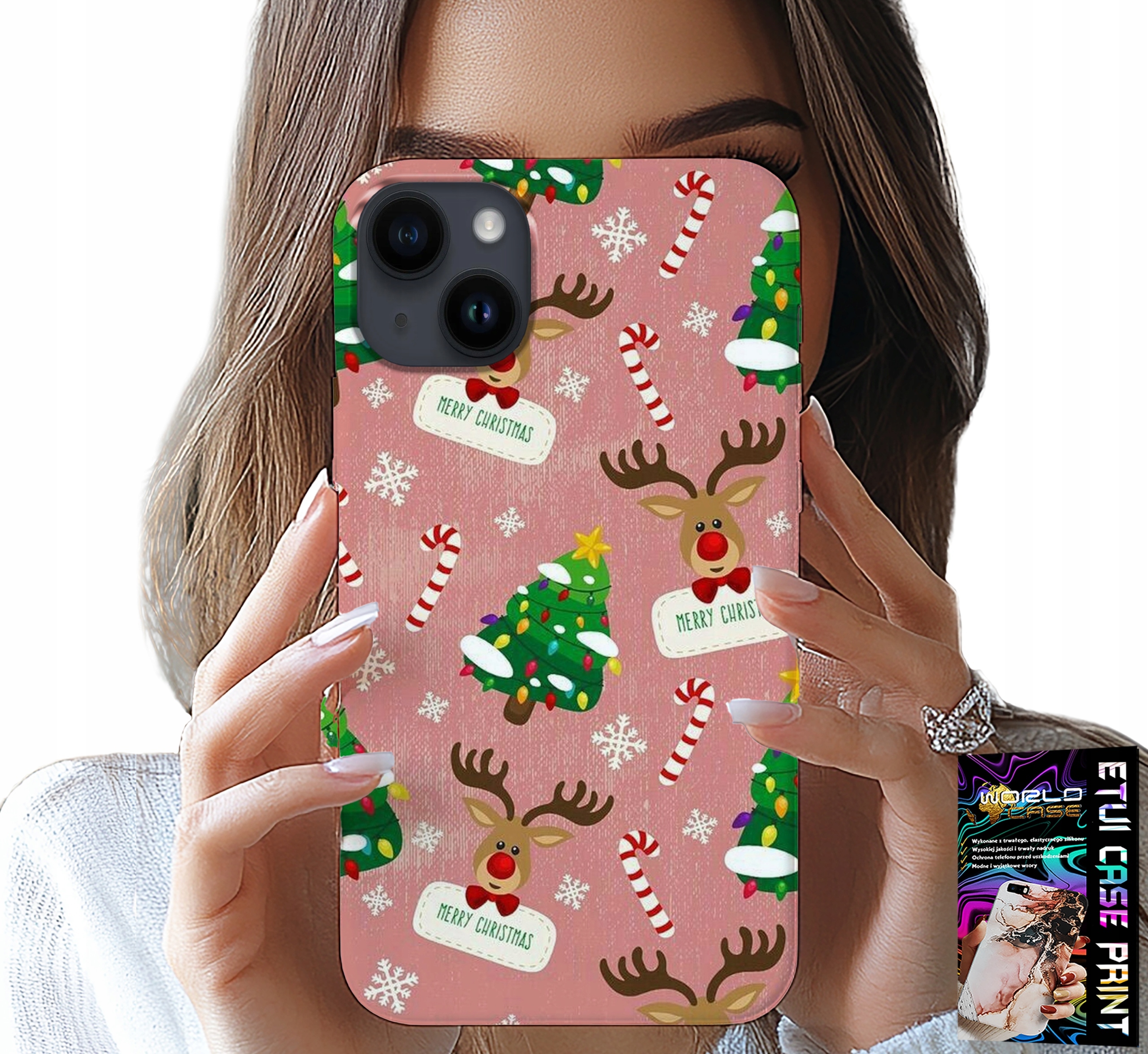 ETUI DO IPHONE 15 - ŚWIĄTECZNE RENIFERY CHOINKI LASKA WZORY