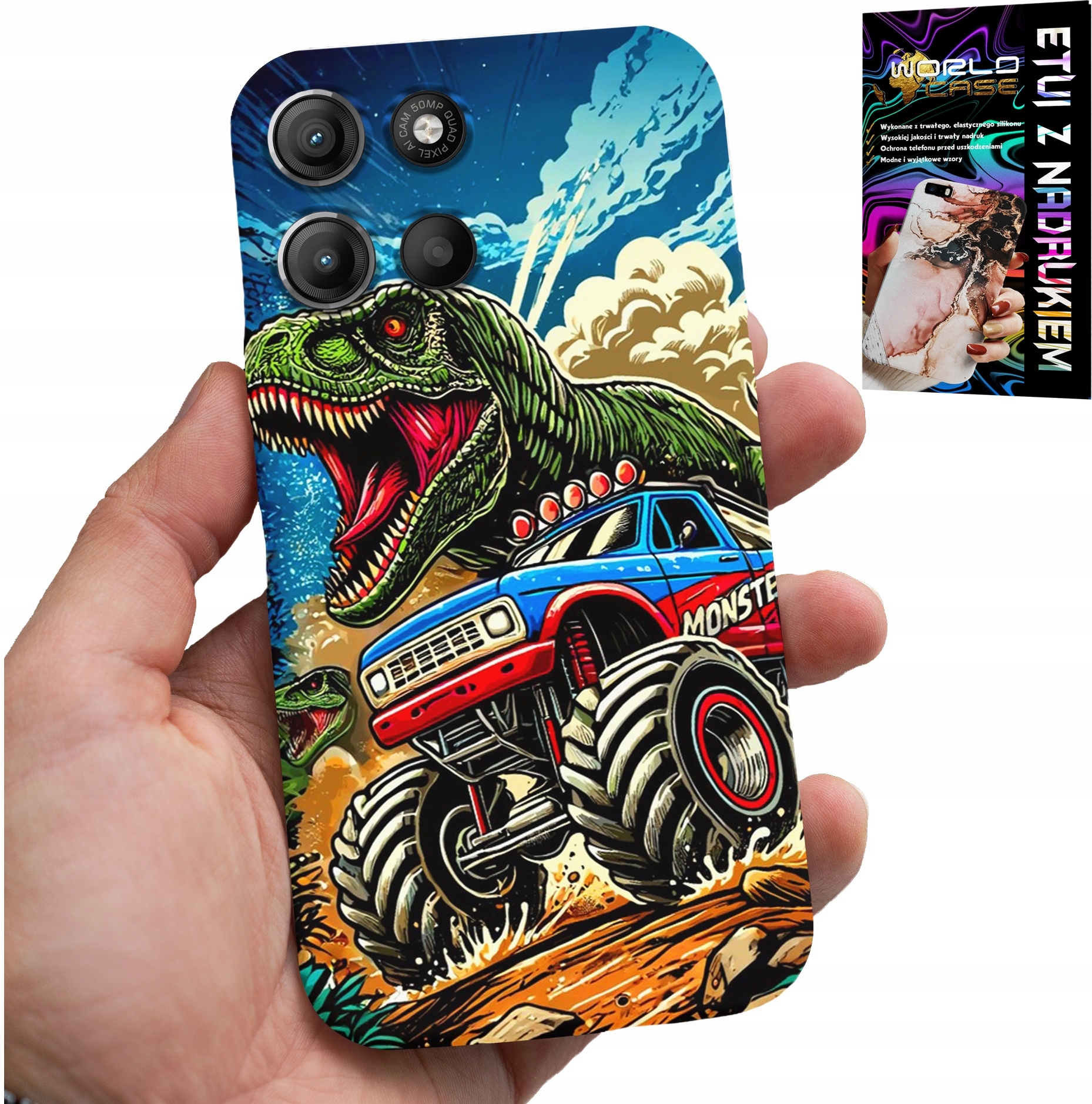 ETUI DO MOTOROLA MOTO G15 -DINOZAUR W MONSTERTRUCKU WZORY DLA DZIECI