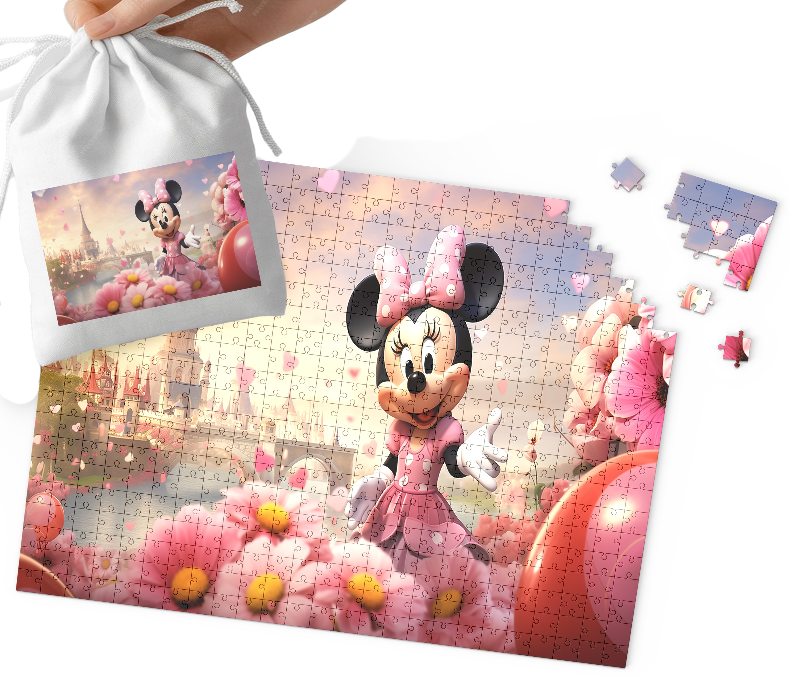 PUZZLE - MYSZKA MINNIE WZORY Z BAJEK PREZENT DLA DZIECI 70el +WORECZEK