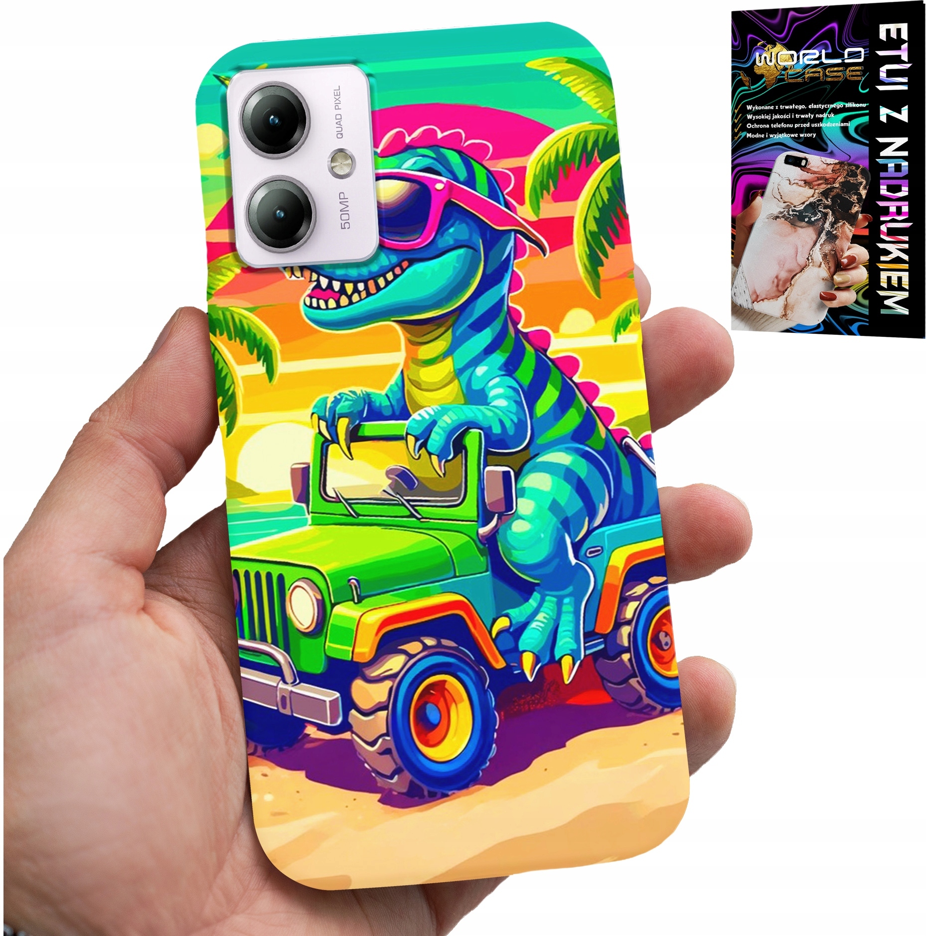 ETUI DO MOTOROLA MOTO G14 - DINOZAUR W CIĘŻARÓWCE WZORY DLA DZIECI