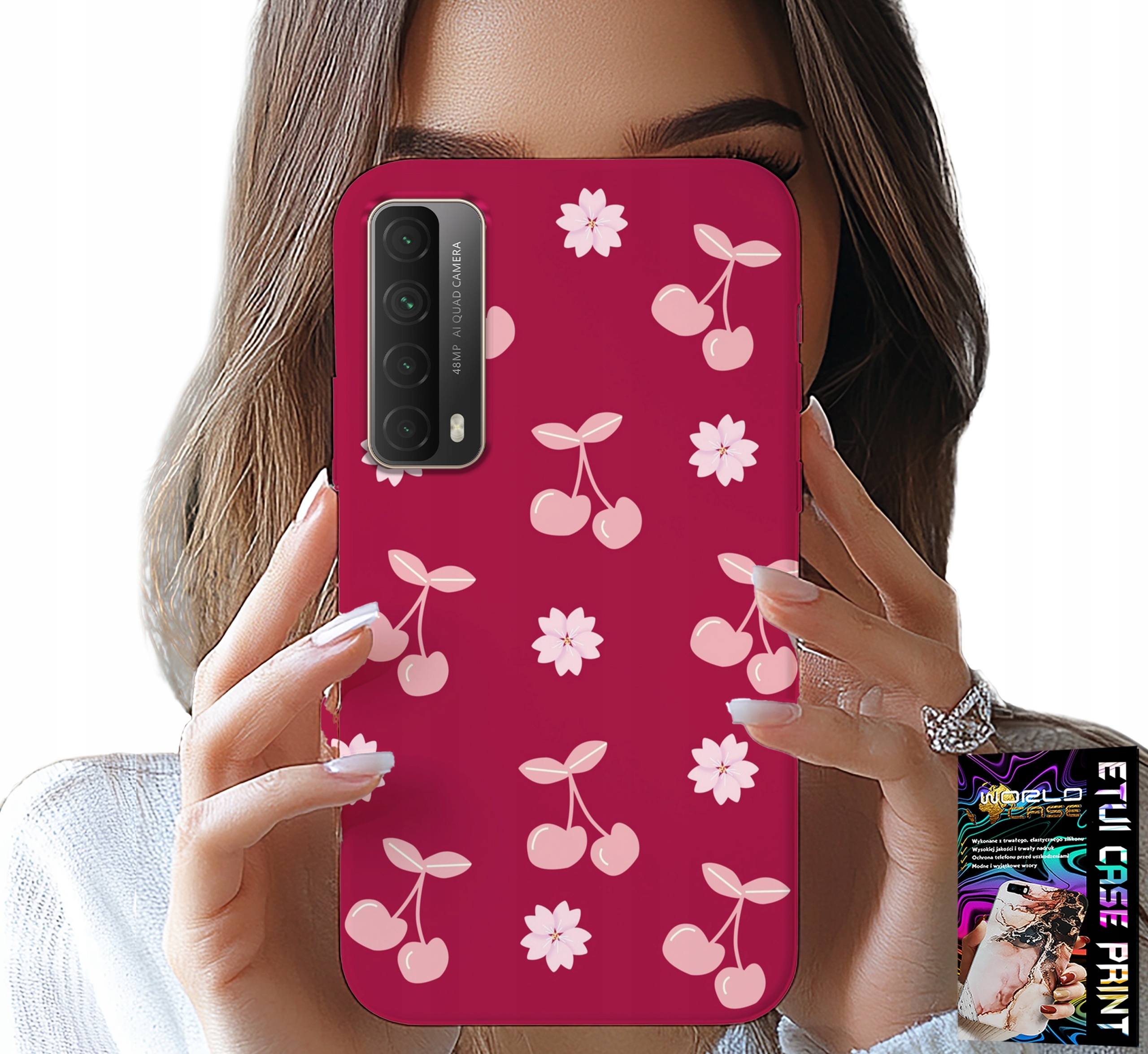 ETUI DO HUAWEI P SMART 2021 - WISIENKI, WIŚNIE NA BORDOWYM TLE + FOLIA