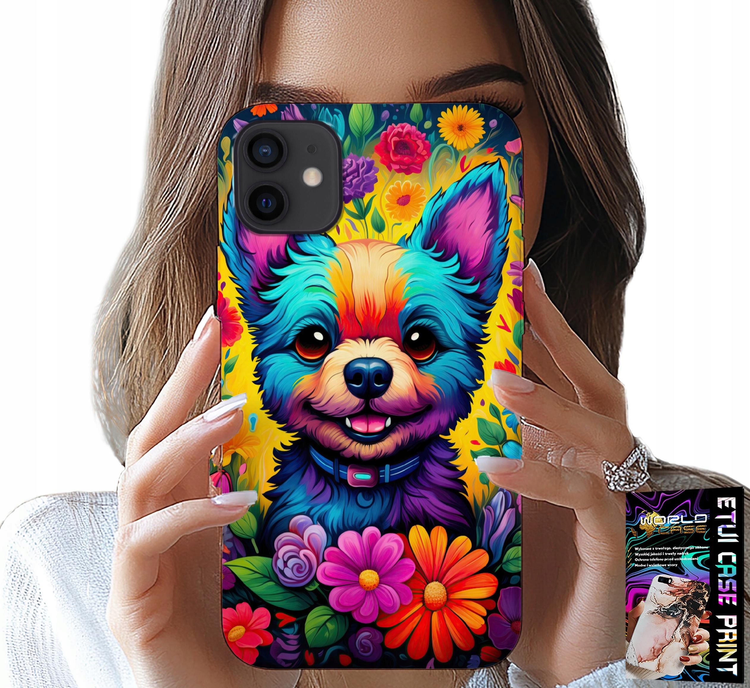 ETUI DO IPHONE 12 - KWIACISTE WZORY PIESEK PIES JORK PLECKI