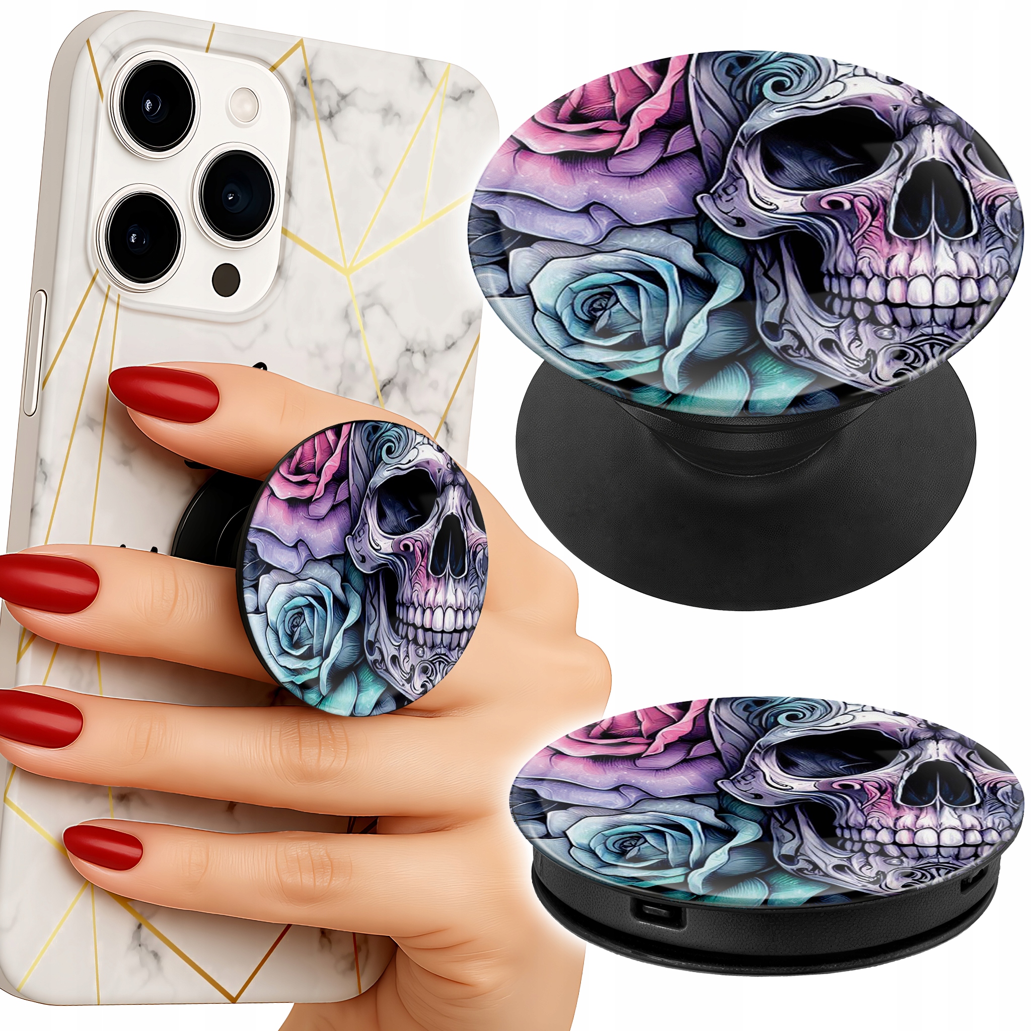 Uchwyt do telefonu Popsocket na palce/stojak KWIATY RÓŻE CZASZKA