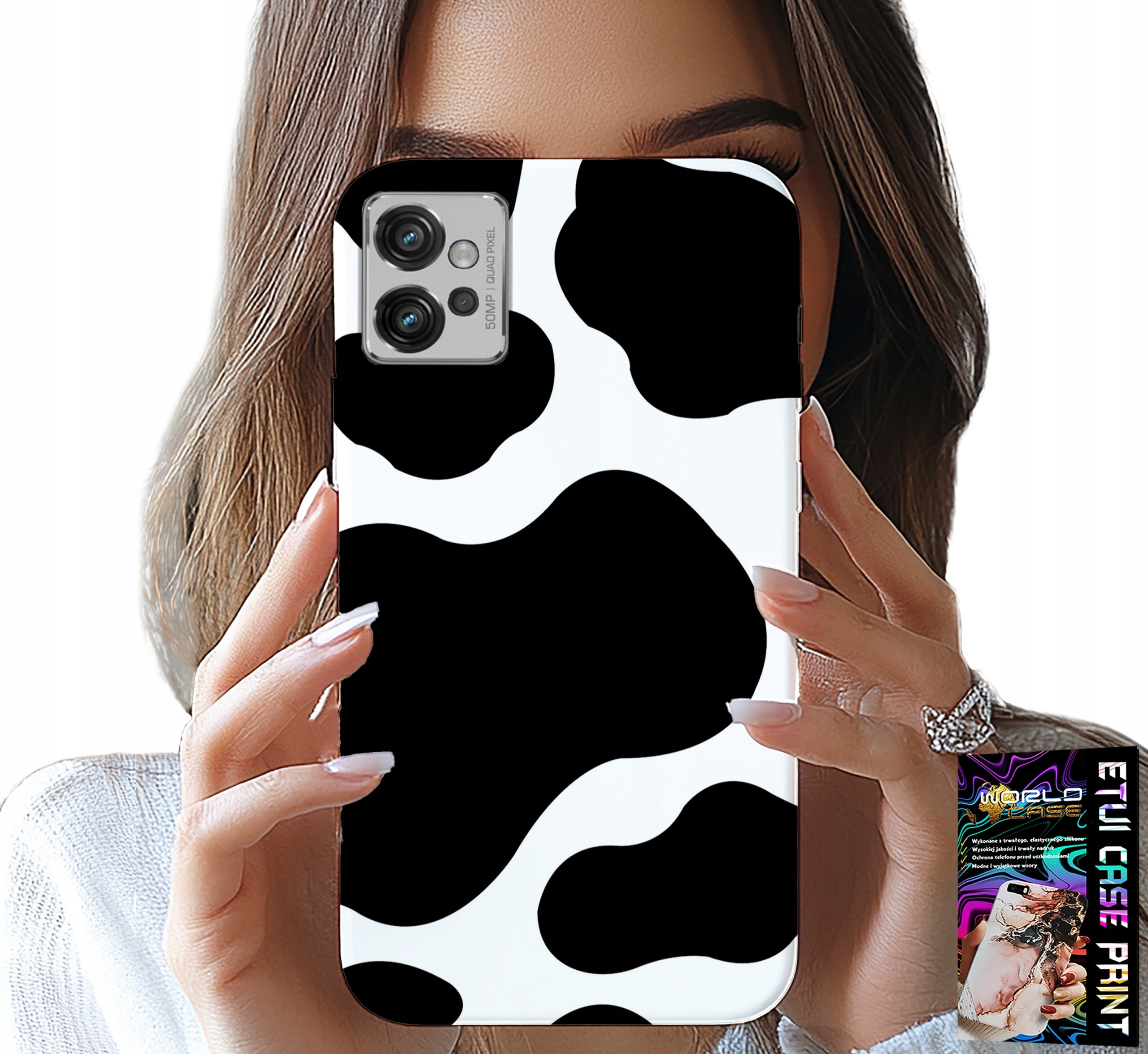 ETUI DO MOTOROLA G32 - CZARNO - BIAŁE ŁATY KROWA, MODNE WZORY