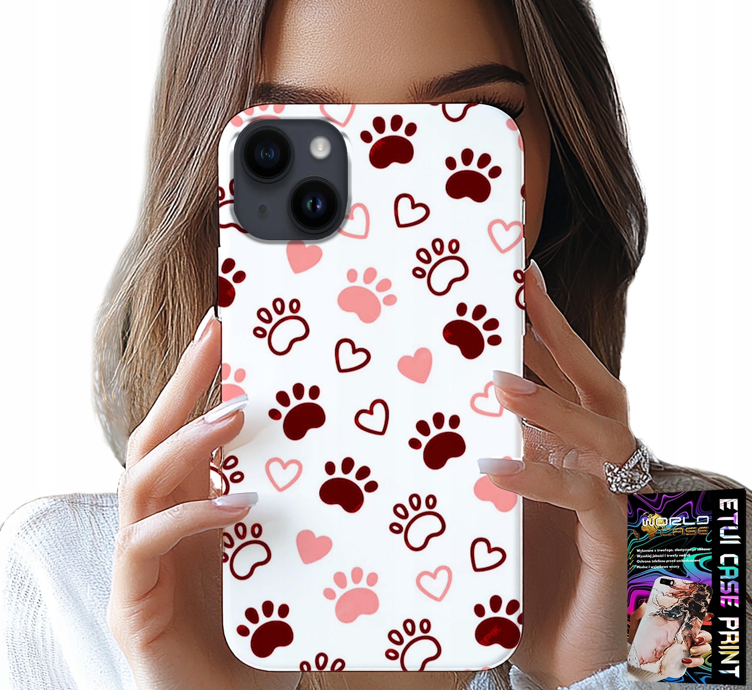 ETUI DO IPHONE 15 PLUS - PSIE ŁAPKI NA BIAŁYM TLE, PIES, KOT, MIŚ