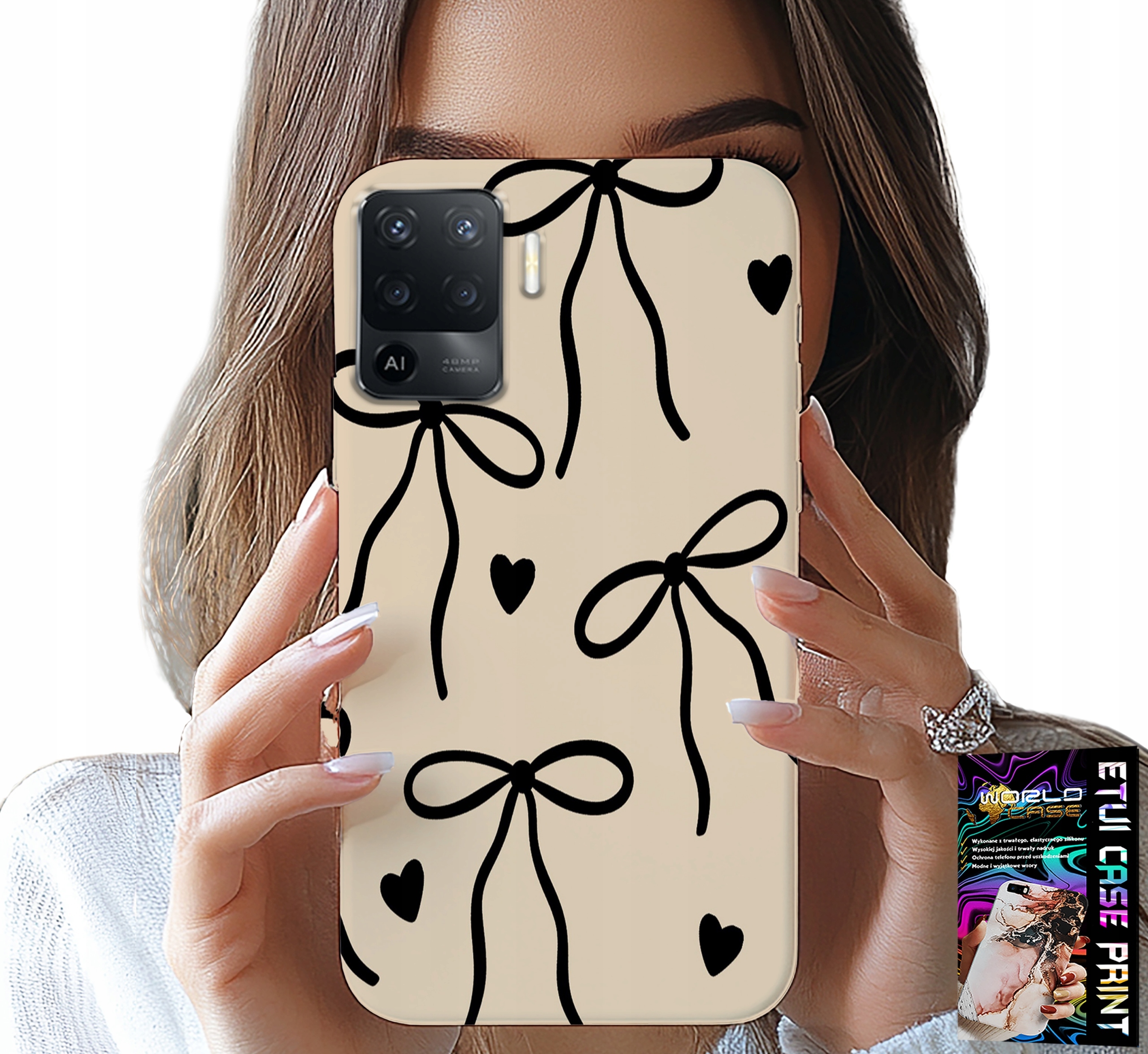 ETUI DO OPPO F19 PRO - BEŻOWE KOKARDKI WSTĄŻKA MODNE WZORY